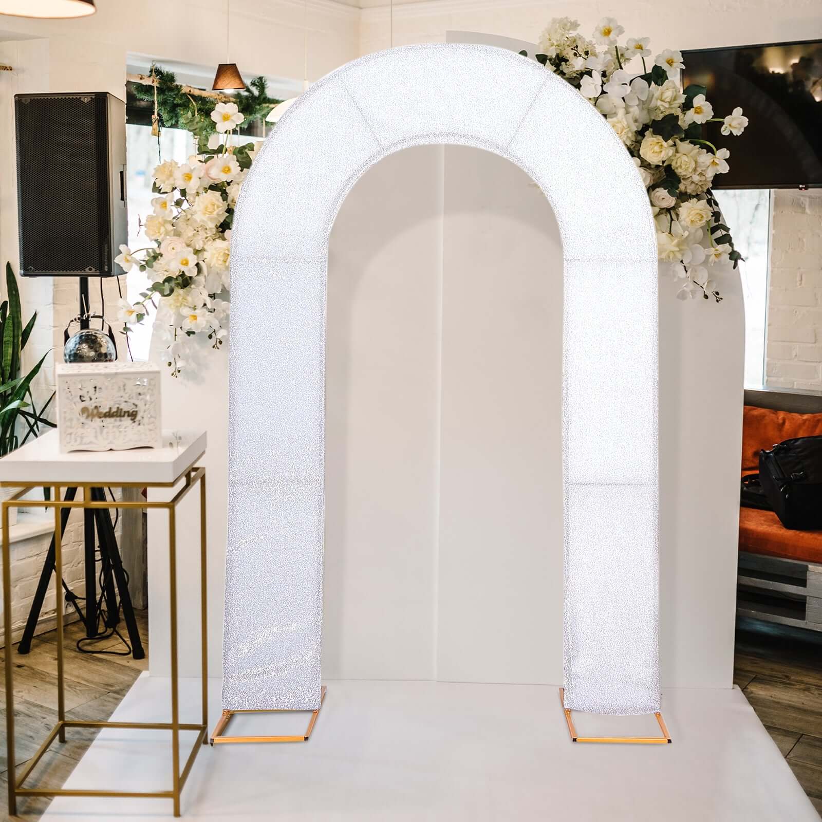 8ft Silver Spandex Fitted U-Shaped Wedding Arch Cover With Shimmer Tinsel Finish, Double-Sided Open Arch Backdrop Slipcover