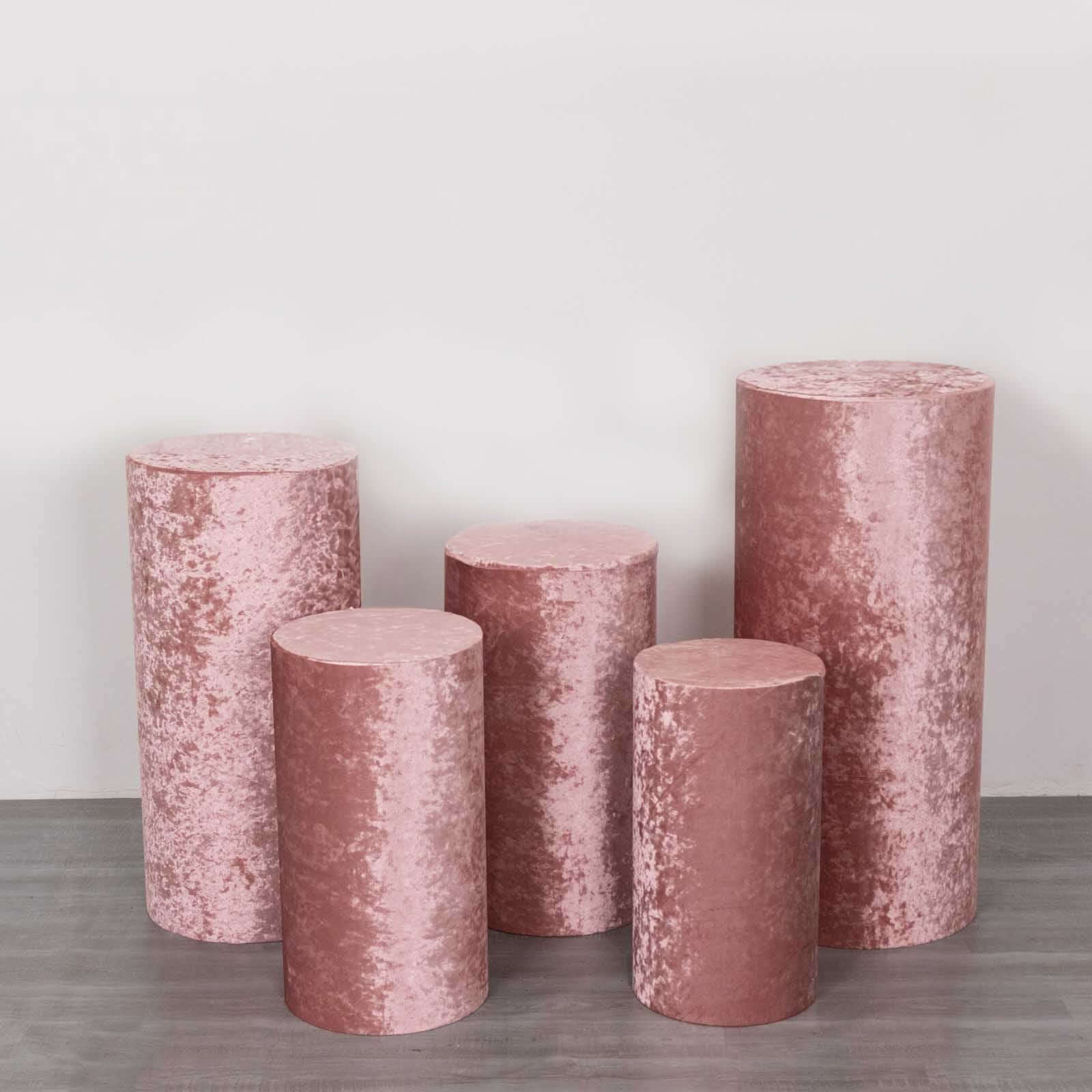 Set of 5 Dusty Rose Crushed Velvet Cylinder Pedestal Stand Covers, Premium Pillar Prop Covers