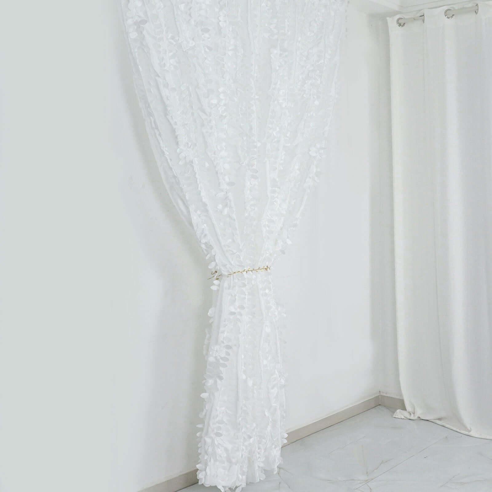 8ftx8ft White 3D Leaf Petal Taffeta Event Curtain Drapes, Backdrop Event Panel With Rod Pocket