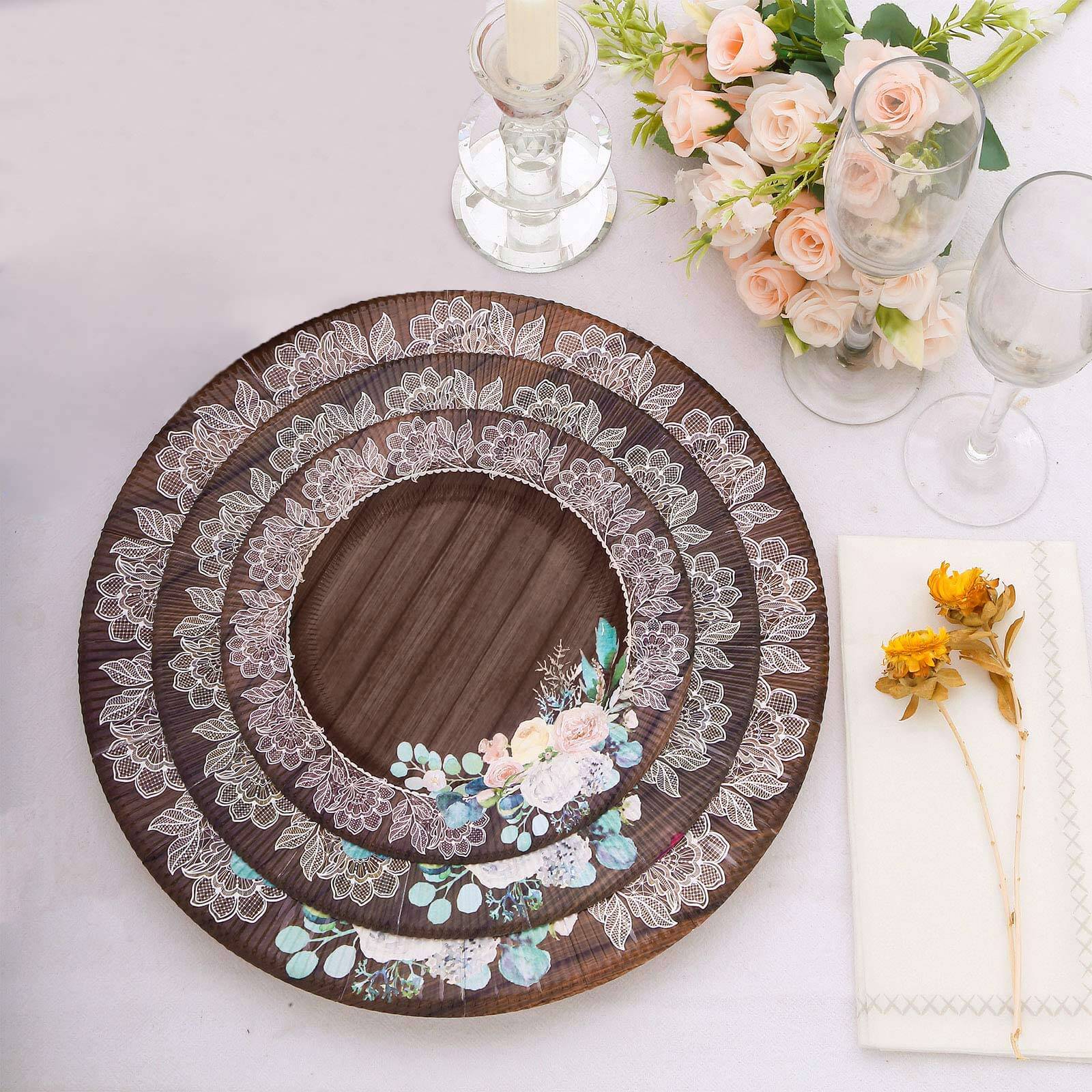 25-Pack Paper 10 Round Dinner Plates in Brown Wood Print with Floral Lace Rim - Disposable Party Plates for Farmhouse Weddings & Rustic Themes