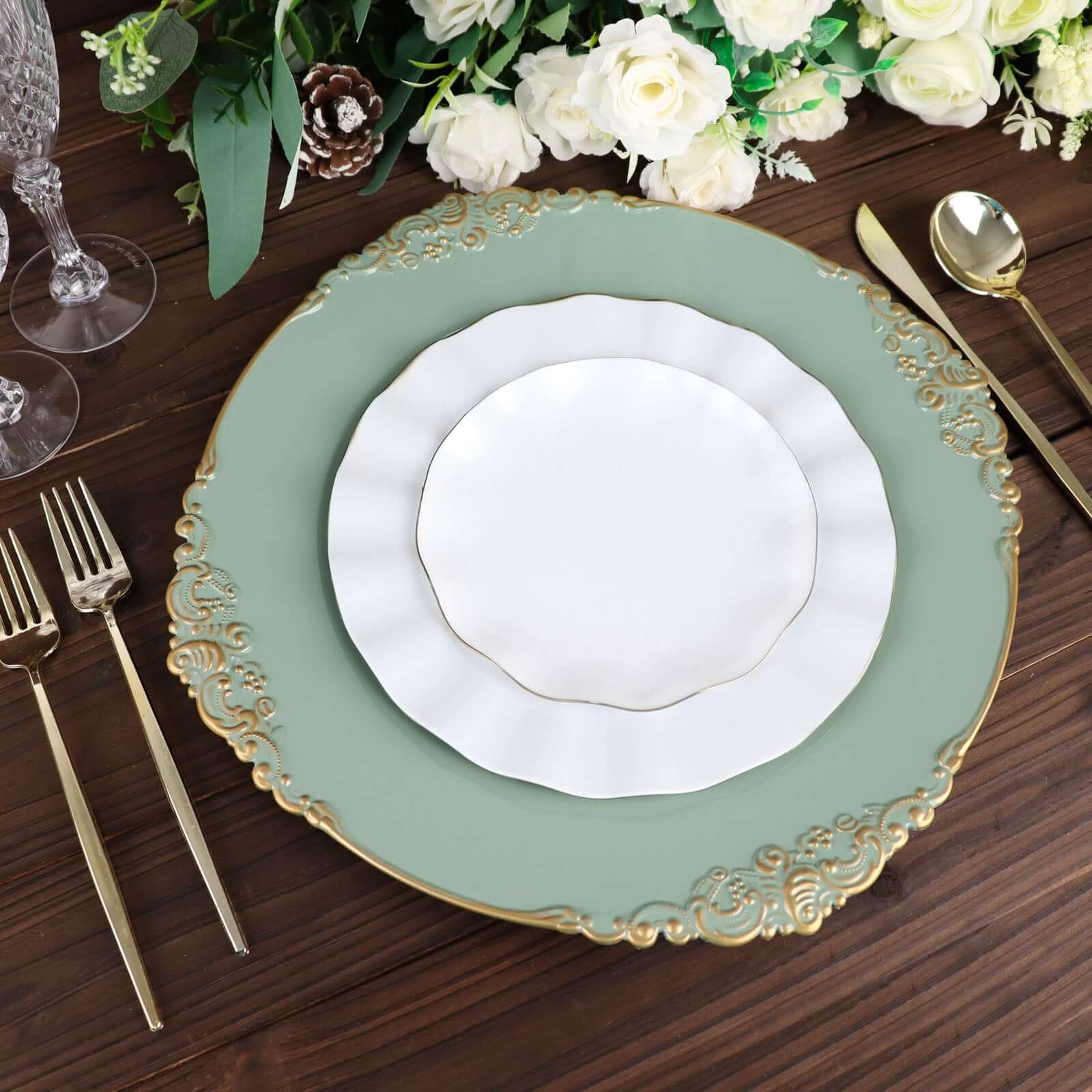 6-Pack Acrylic Round Charger Plates 13 in Dusty Sage Green with Gold Embossed Baroque Rim, Antique Decorative Dinner Party Charger Tableware