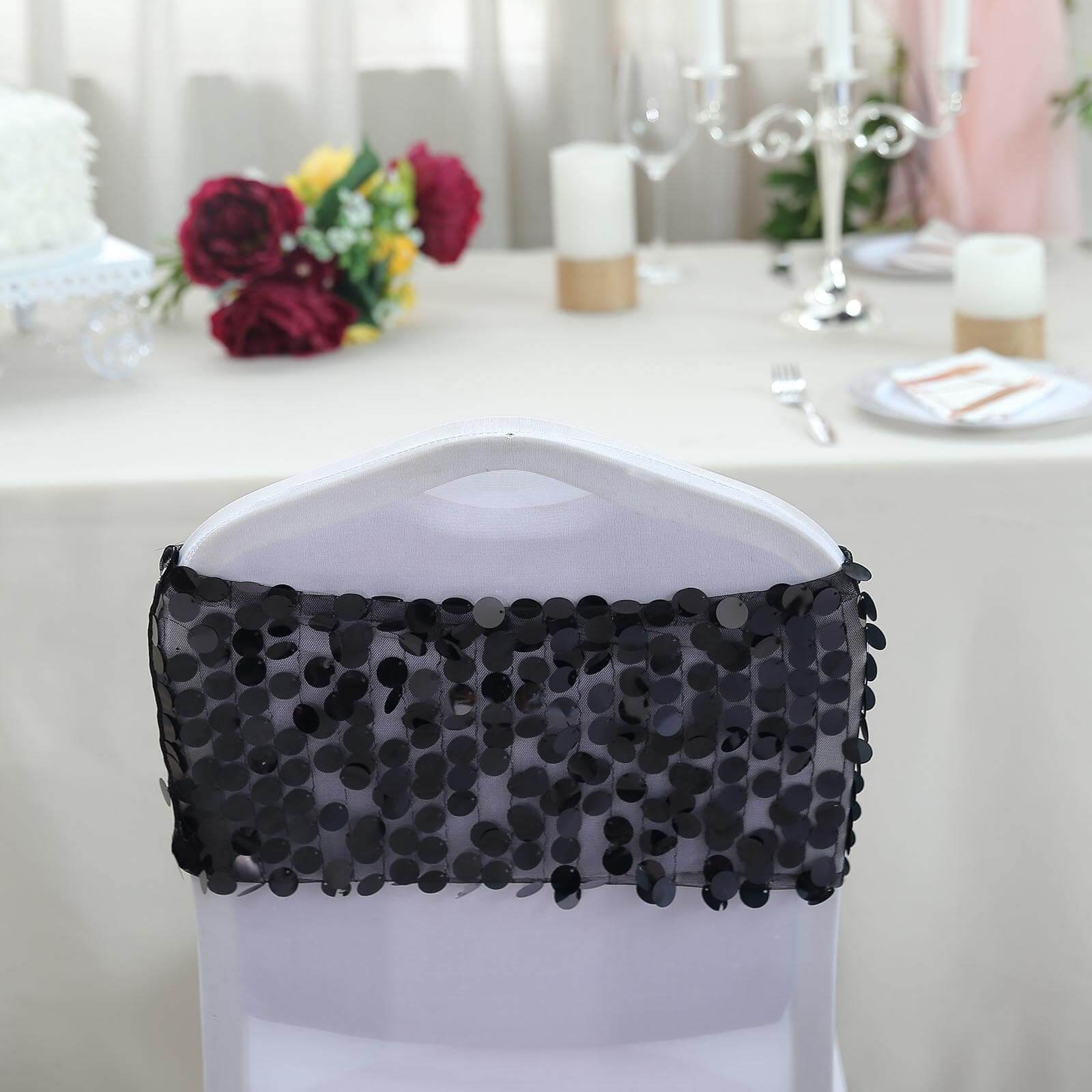 5 Pack Big Payette Sequin 13x10 Chair Sash Bands Black - Stylish Glittering Decor for Weddings & Gatherings