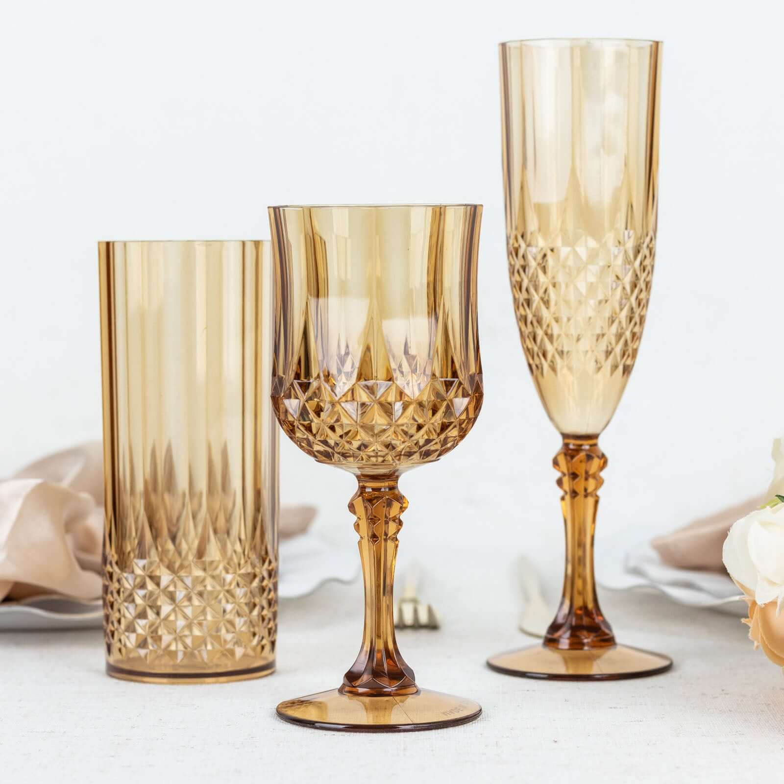 6-Pack Plastic Cocktail Goblets Amber Gold Transparent Crystal Cut - Shatterproof Drinkware 8oz