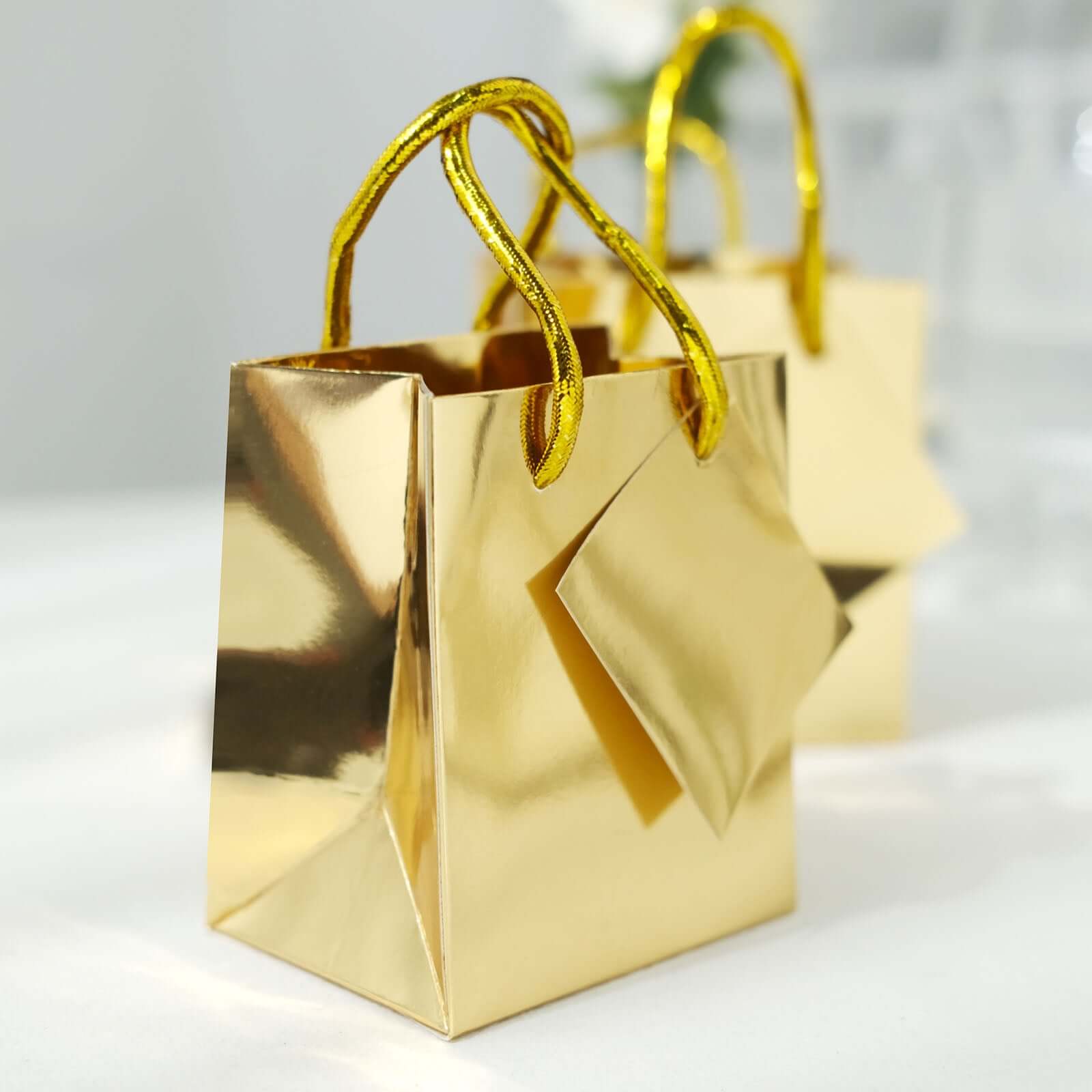 12 Pack 5 Shiny Metallic Gold Foil Paper Party Favor Bags With Handles, Small Gift Wrap Goodie Bags