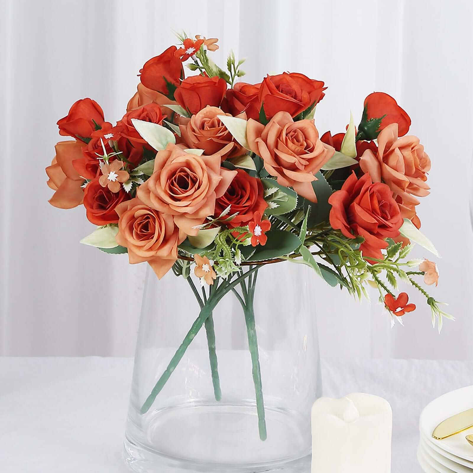 4 Bushes 12 Terracotta (Rust) Real Touch Artificial Silk Rose Flower Bouquet, Faux Bridal Flowers