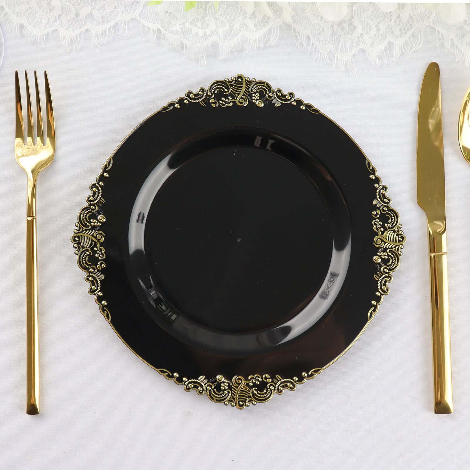 10-Pack Plastic 8 Round Dessert Plates in Black with Gold Leaf Embossed Rim - Disposable Vintage Baroque Style Salad Plates