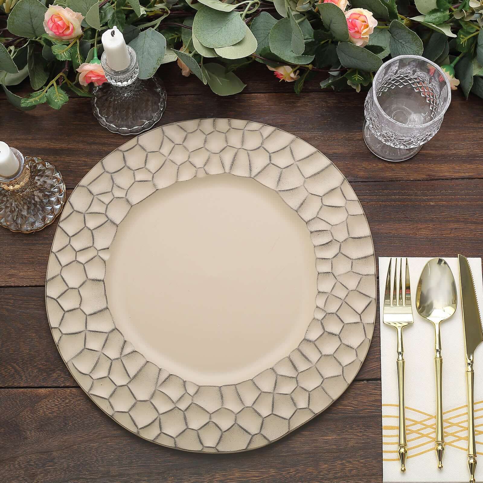 6-Pack Round Charger Plates 13 in Taupe with Hammered Rim, Matte Finish Modern Dinner Charger Tableware