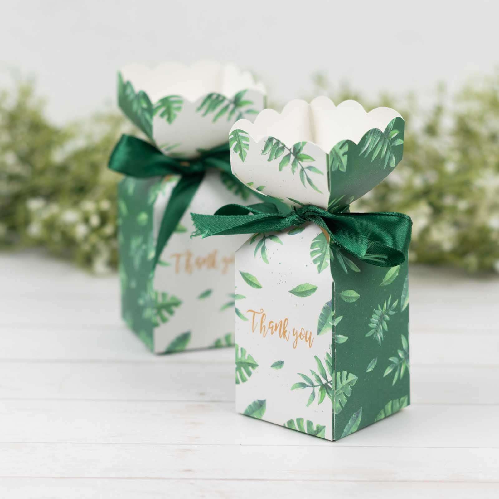 25 Pack White Green Leaf Print Satin Ribbon Candy Gift Boxes With Floral Top, Cardstock Paper Party Favor Boxes - 2x5