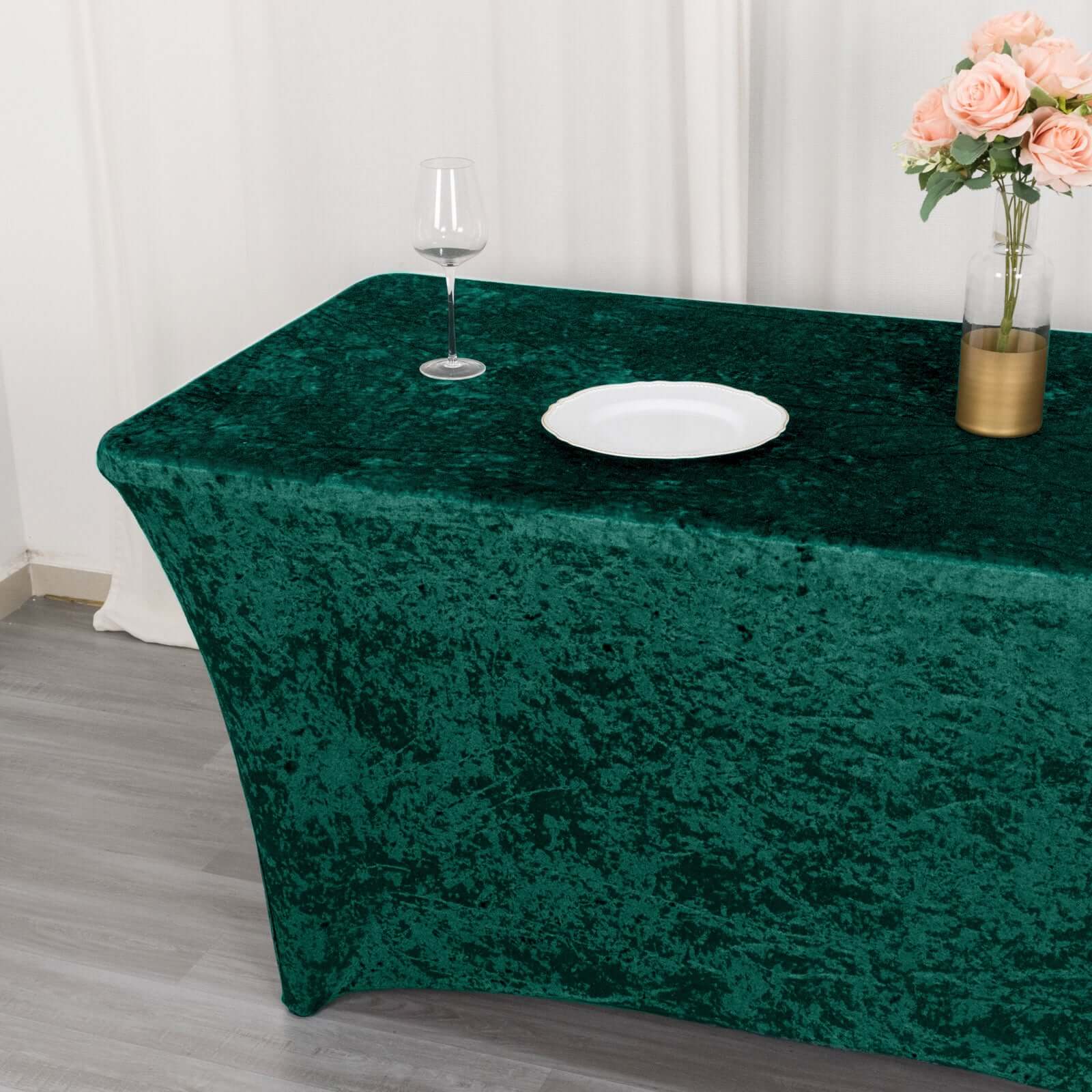 Crushed Velvet Fitted Rectangular 6ft Table Cover Hunter Emerald Green - Wrinkle-Free Stretchy Tablecloth