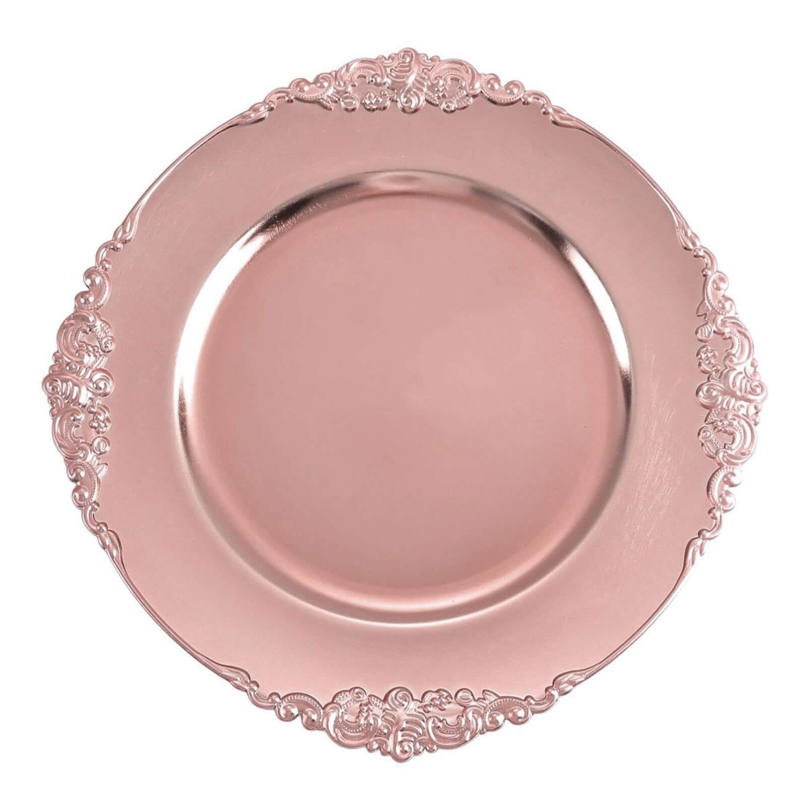 6-Pack Acrylic Round Charger Plates 13 in Rose Gold with Embossed Baroque Rim, Antique Decorative Dinner Party Charger Tableware