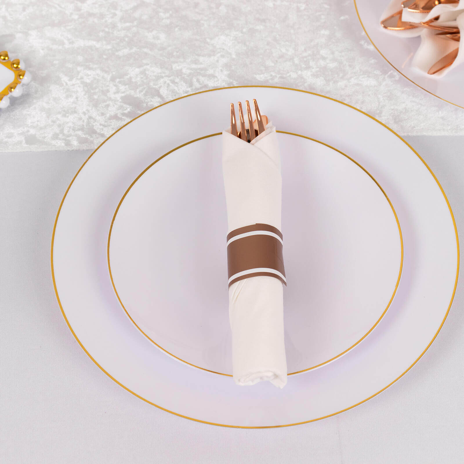 Set of 24 Rose Gold Plastic Silverware with Pre-Rolled White Paper Napkins - Disposable Wrapped Fork, Spoon, and Knife Set