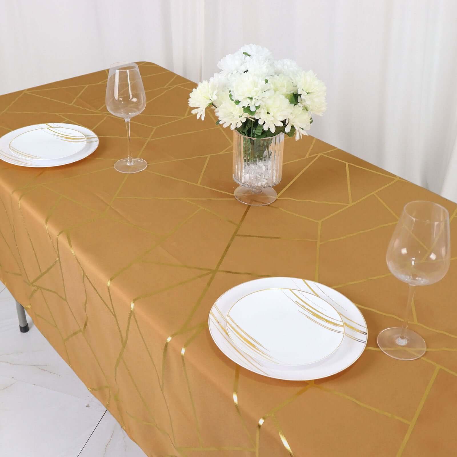 Polyester 60x102 Rectangle Tablecloth Gold with Gold Foil Geometric Pattern - Wrinkle-Resistant & Durable Table Cover