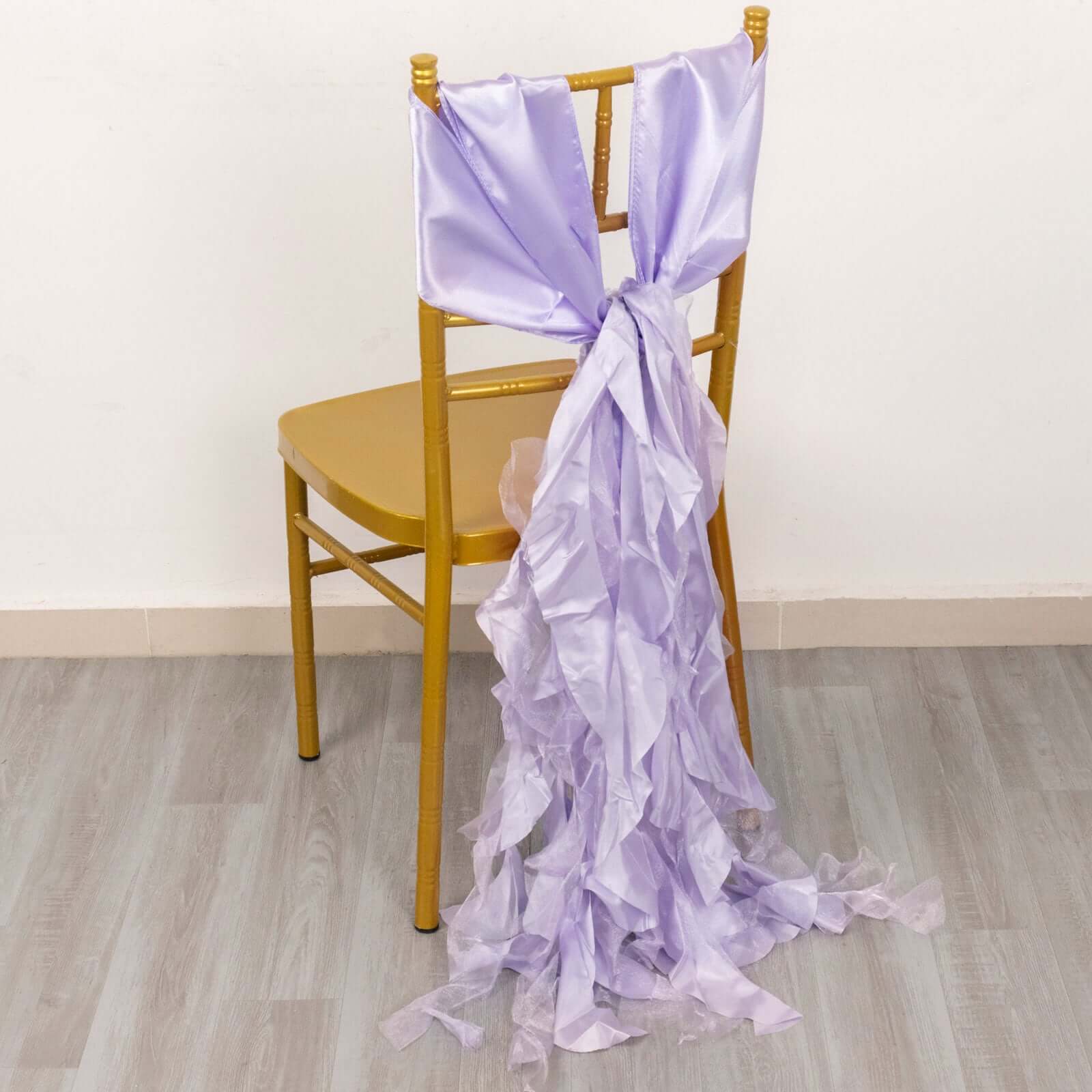 5 Pack Chiffon Satin Chair Sashes Lavender Lilac - Easy to Install Ruffled Curly Willow