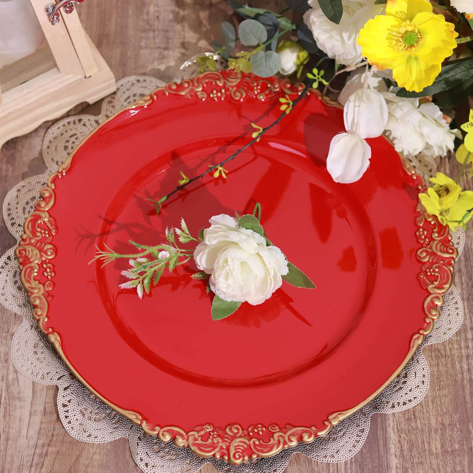 6-Pack Acrylic Round Charger Plates 13 in Red with Gold Embossed Baroque Rim, Antique Decorative Dinner Party Charger Tableware