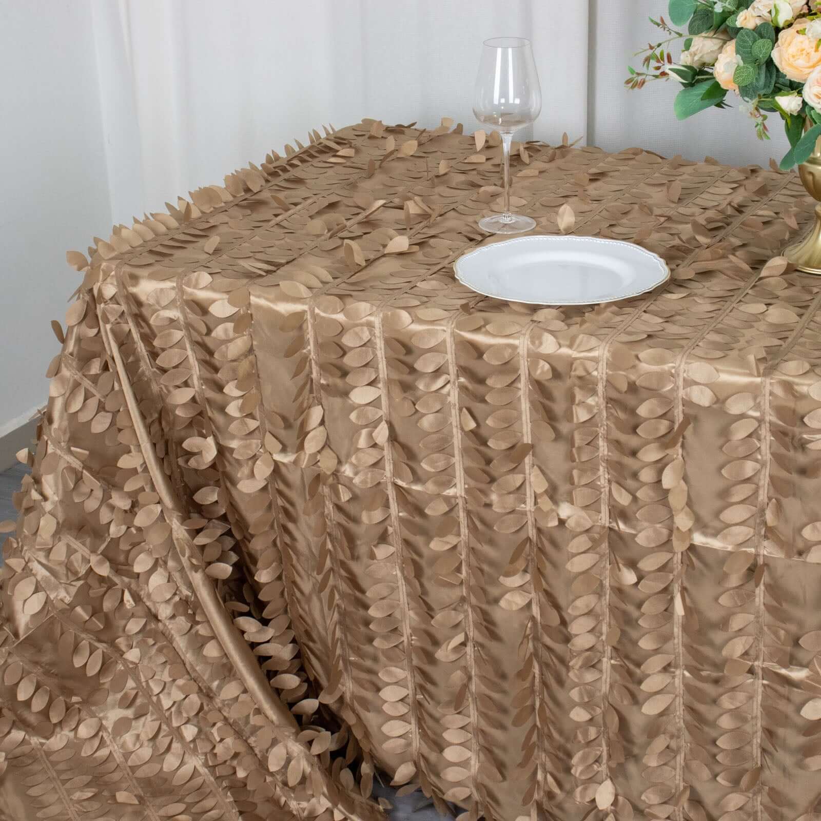 Taffeta 90x132 Rectangle Tablecloth Taupe | 3D Leaf Petal Design Seamless Table Cover