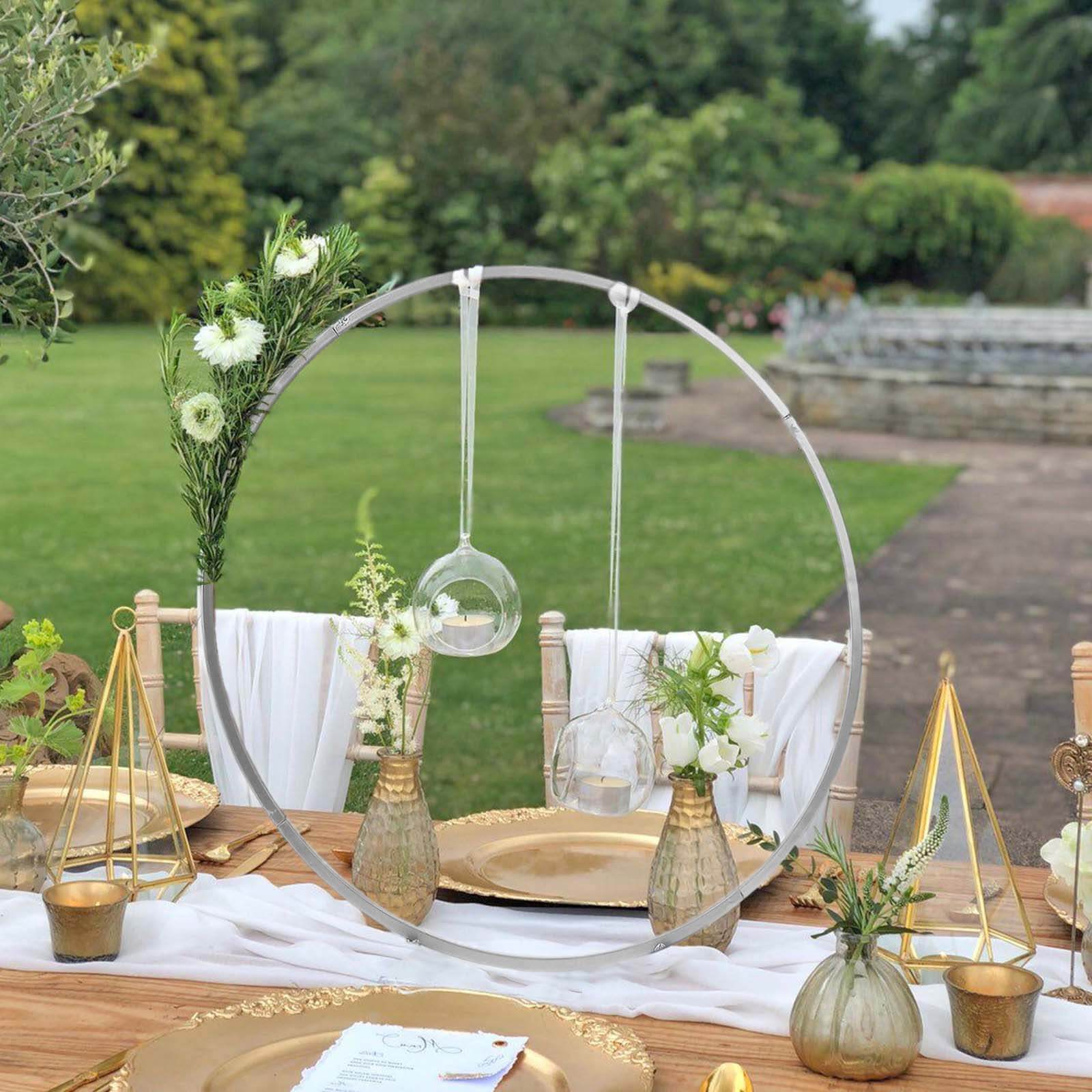 24 Silver Round Arch Wedding Centerpiece, Metal Hoop Wreath Tabletop Decor