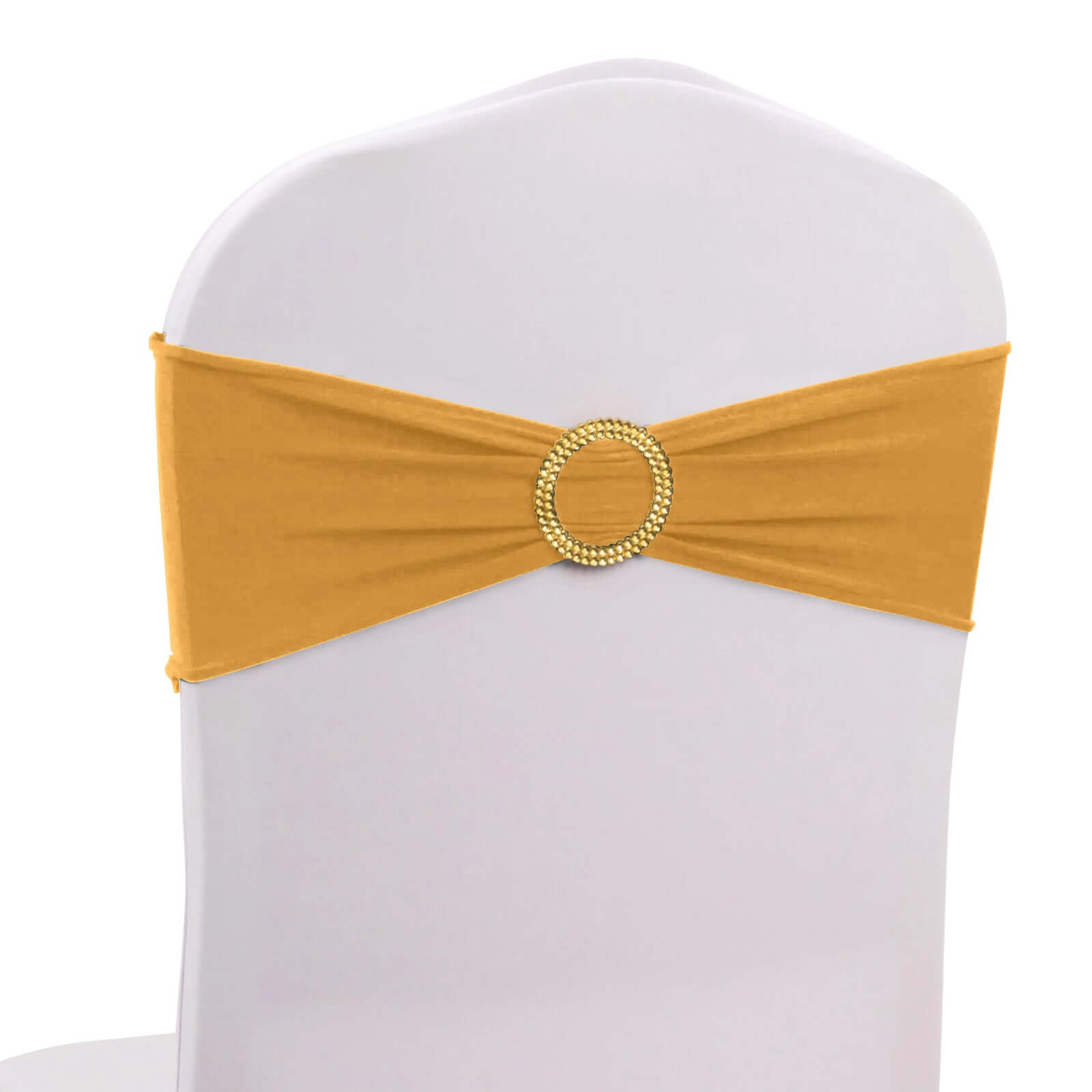 5 Pack Spandex Chair Sashes Gold with Gold Rhinestone Buckles - Reusable Four-Way Stretch Sash Bands for Classy & Effortless Wedding & Party Decor 5x14