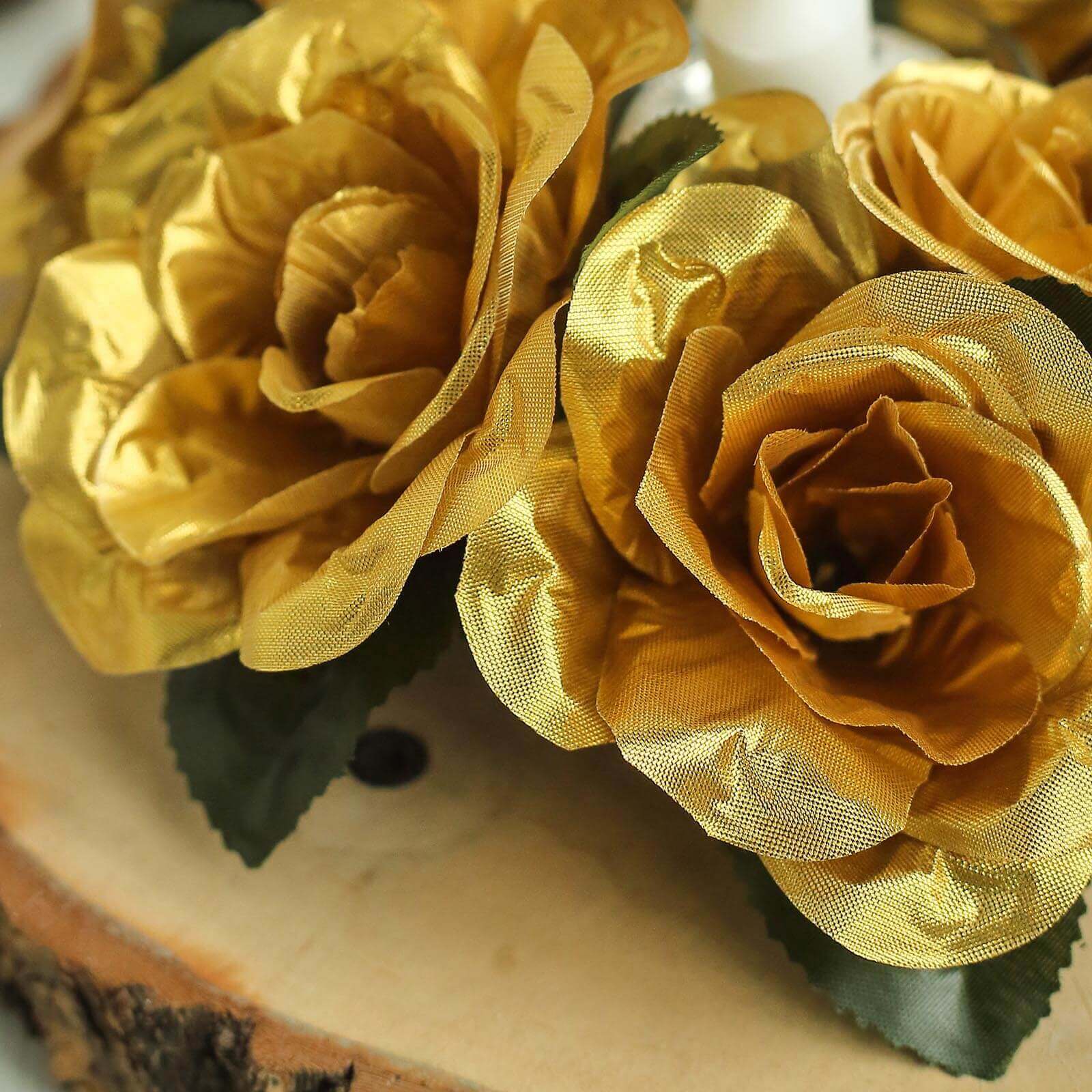 4 Pack 3 Gold Artificial Silk Rose Flower Candle Ring Wreaths