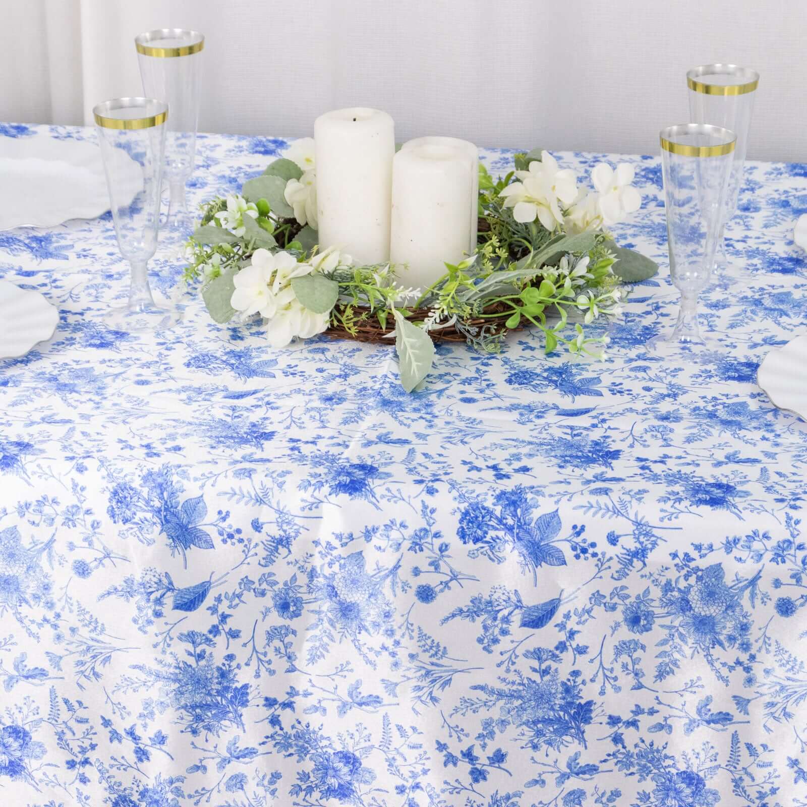 Satin Round 90x132 Tablecloth White/Blue French Toile Design - Seamless Stylish & Wrinkle-Resistant Table Cover