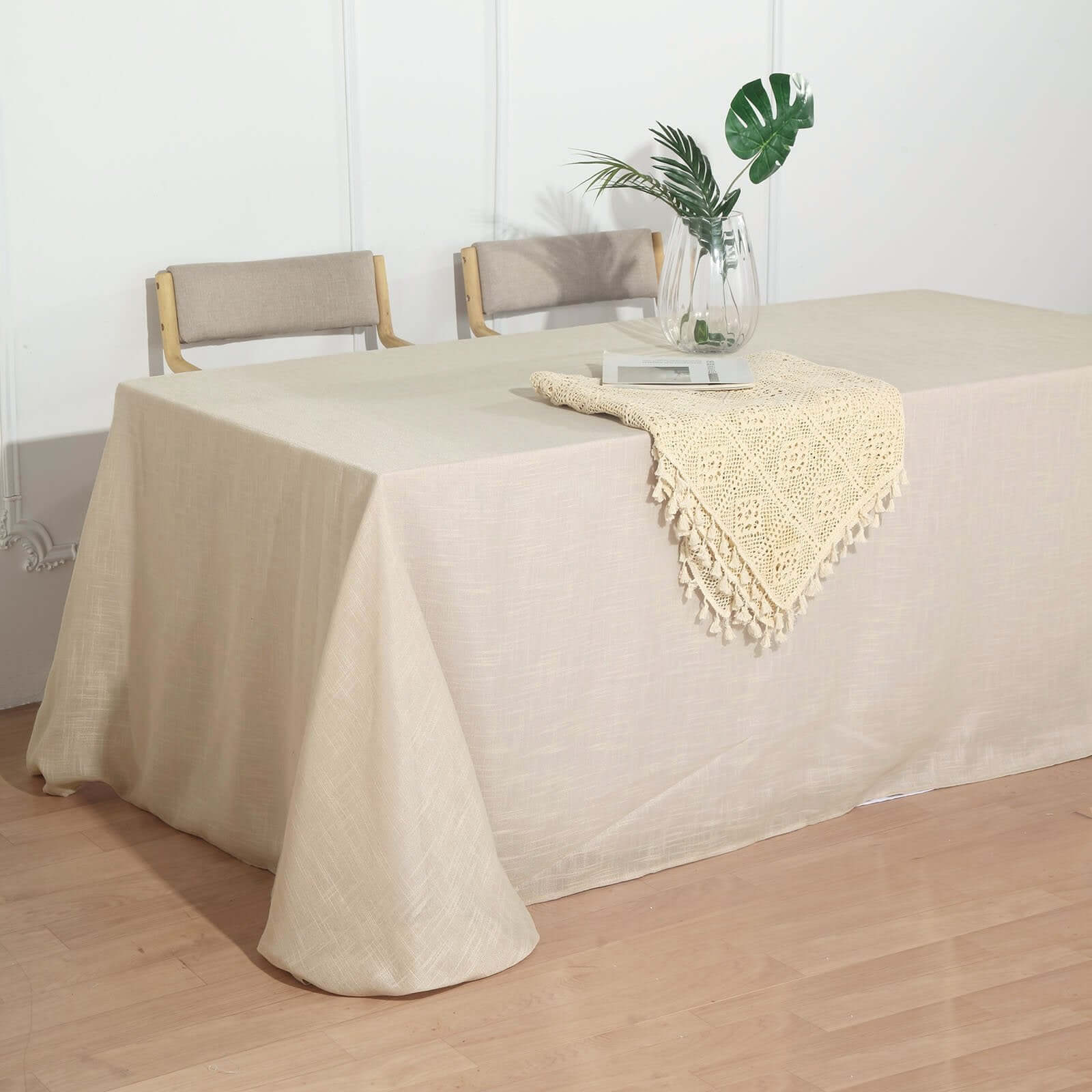 Faux Linen 90x156 Rectangular Tablecloth Beige - Slubby Texture Wrinkle-Resistant Seamless Table Cover