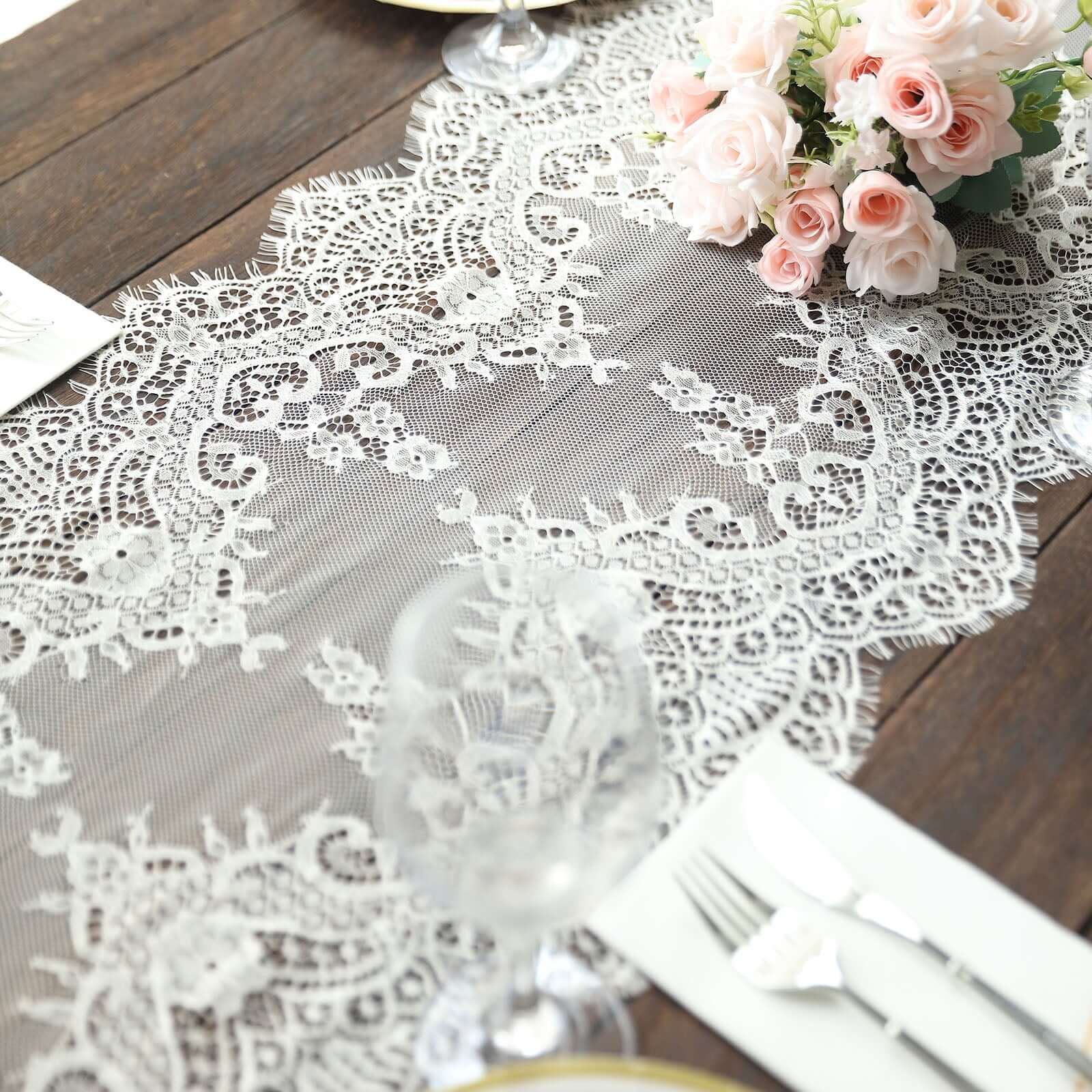 Premium Lace Fabric 15x117 Table Runner Ivory - Scalloped Lace Elegance