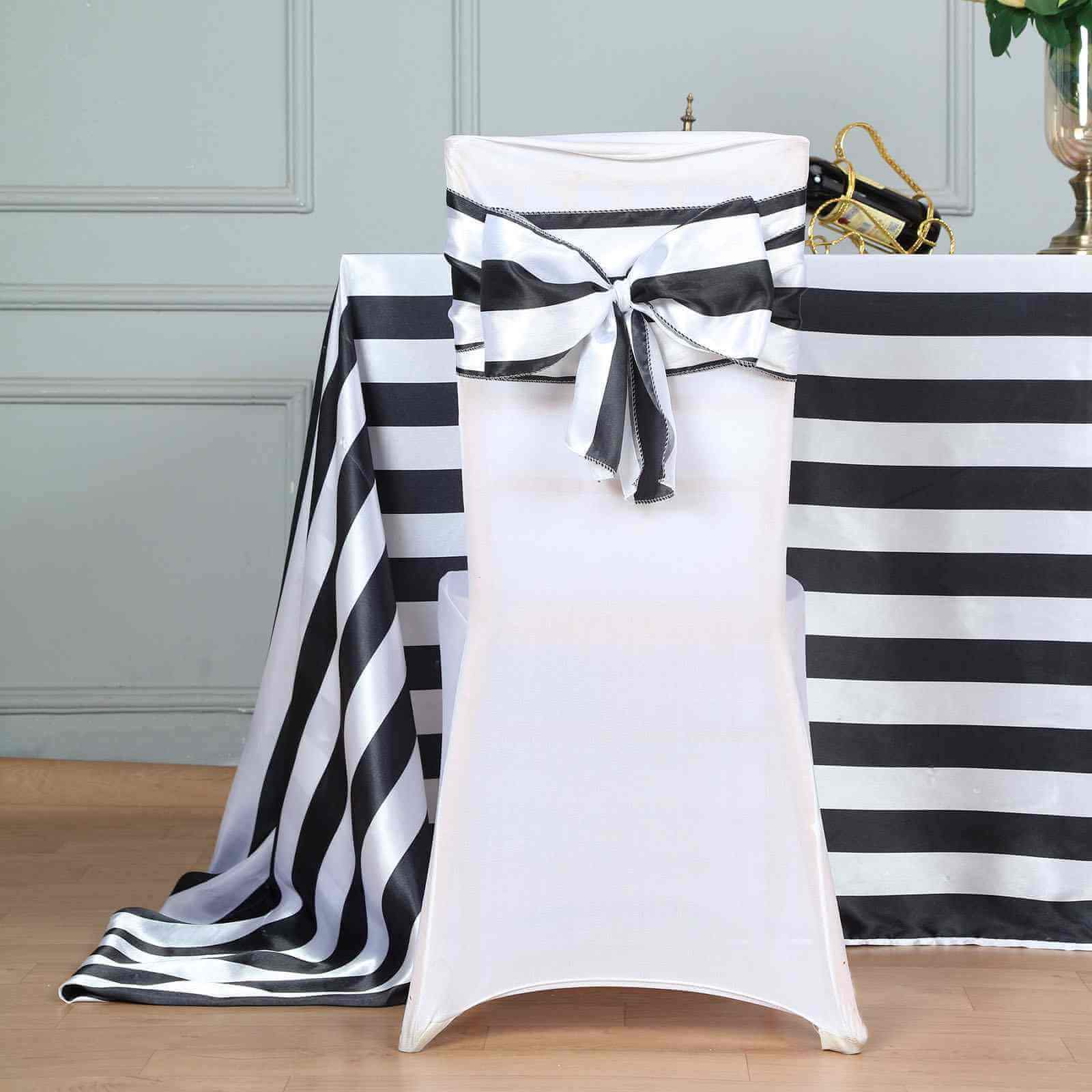 5 Pack Satin 6x108 Chair Sashes Black/White Stripes - Sophisticated Decor for Weddings & Gatherings