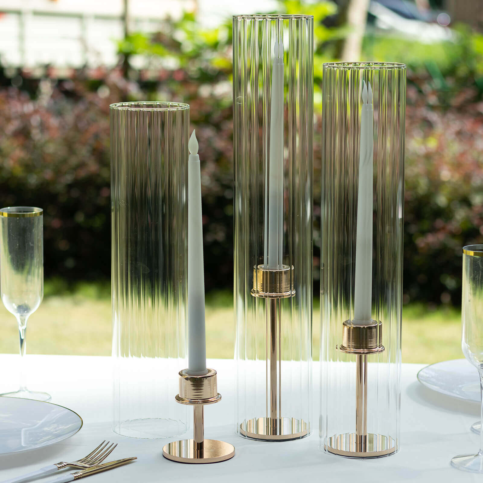 Set of 3 Clear Ribbed Glass Hurricane Shades Open End Design - Stylish Candelabra Pillar Candle Holder Table Centerpiece 15, 17, 19