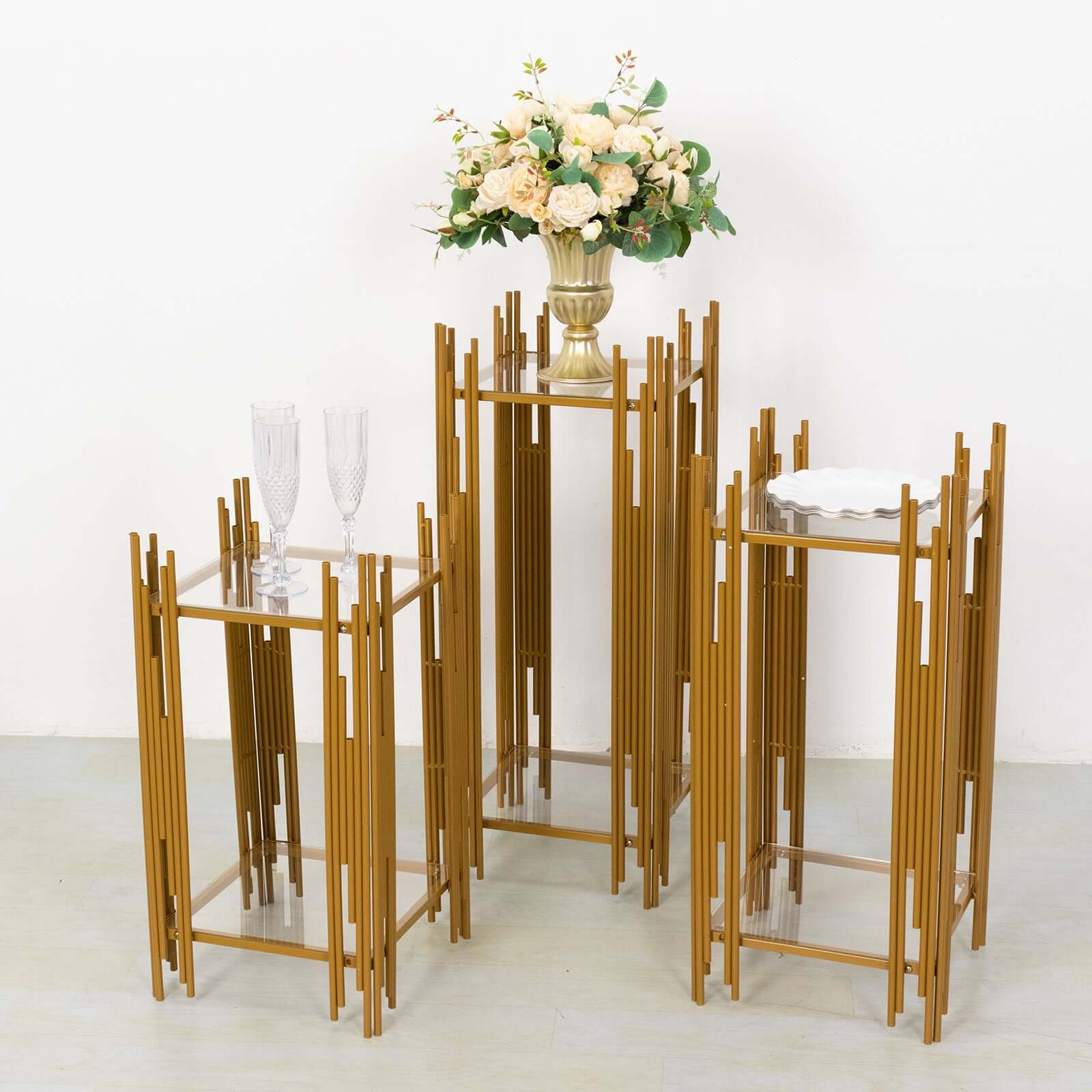 Set of 3 Wedding Pedestal Stands Square Acrylic Plate Design Gold - Metal Flower Display Plinths 26,30,34