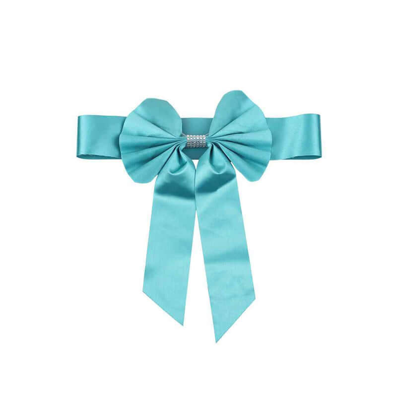 5 Pack Satin Faux Leather Chair Sashes Turquoise - Durable Double Sided Pre-tied Bow Tie Chair Bands with Diamond Rhinestone Buckles