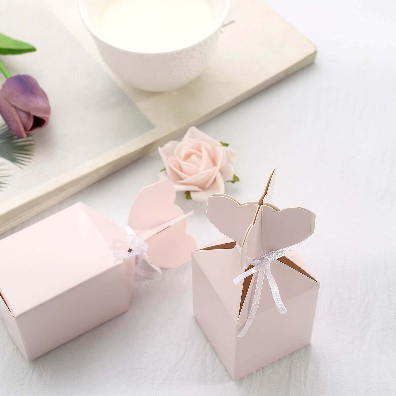 25 Pack Blush Floral Top Satin Ribbon Party Favor Candy Gift Boxes