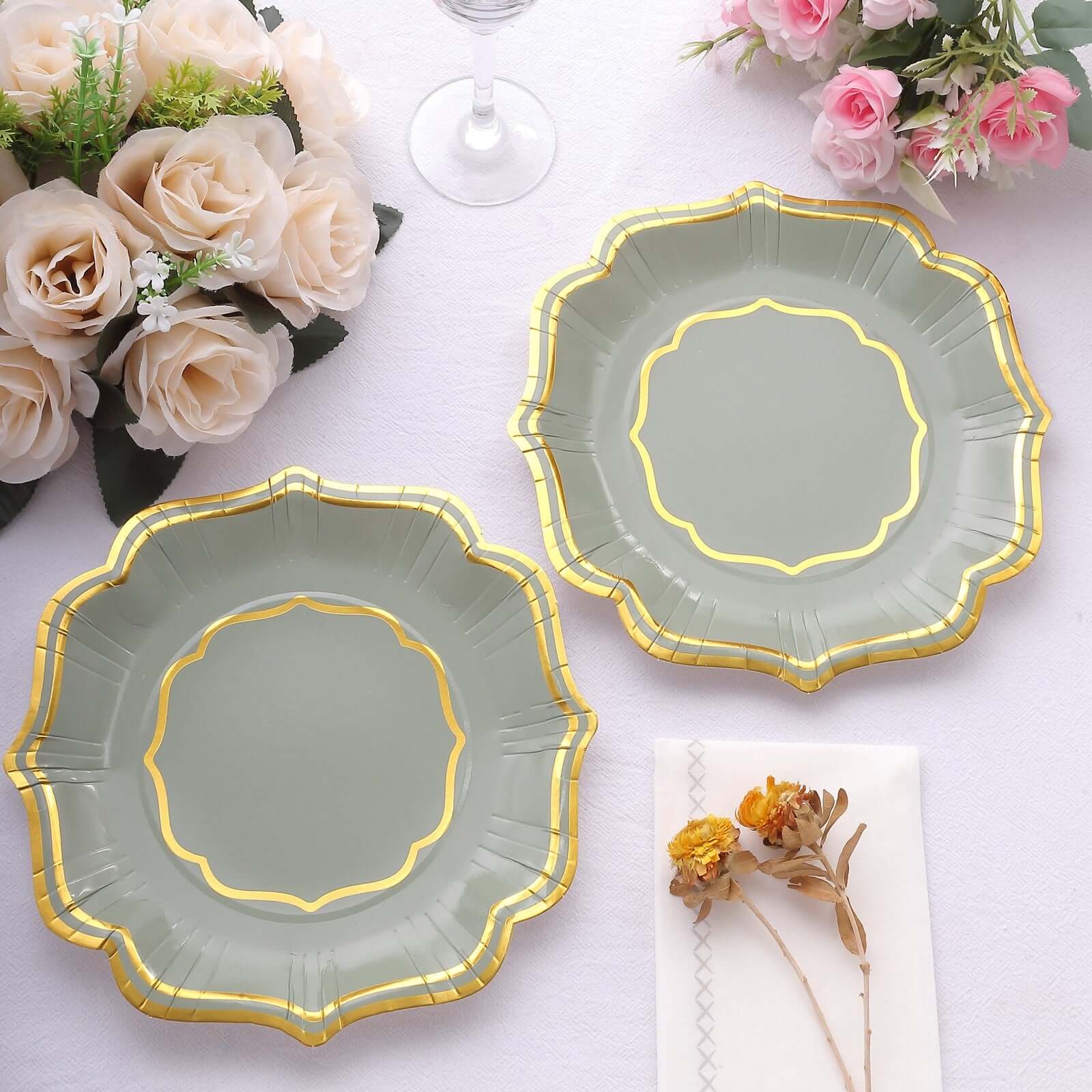 25-Pack Paper Dessert Plates in Sage Green with Gold Scallop Rim - Disposable 300GSM Appetizer Salad Plates 8