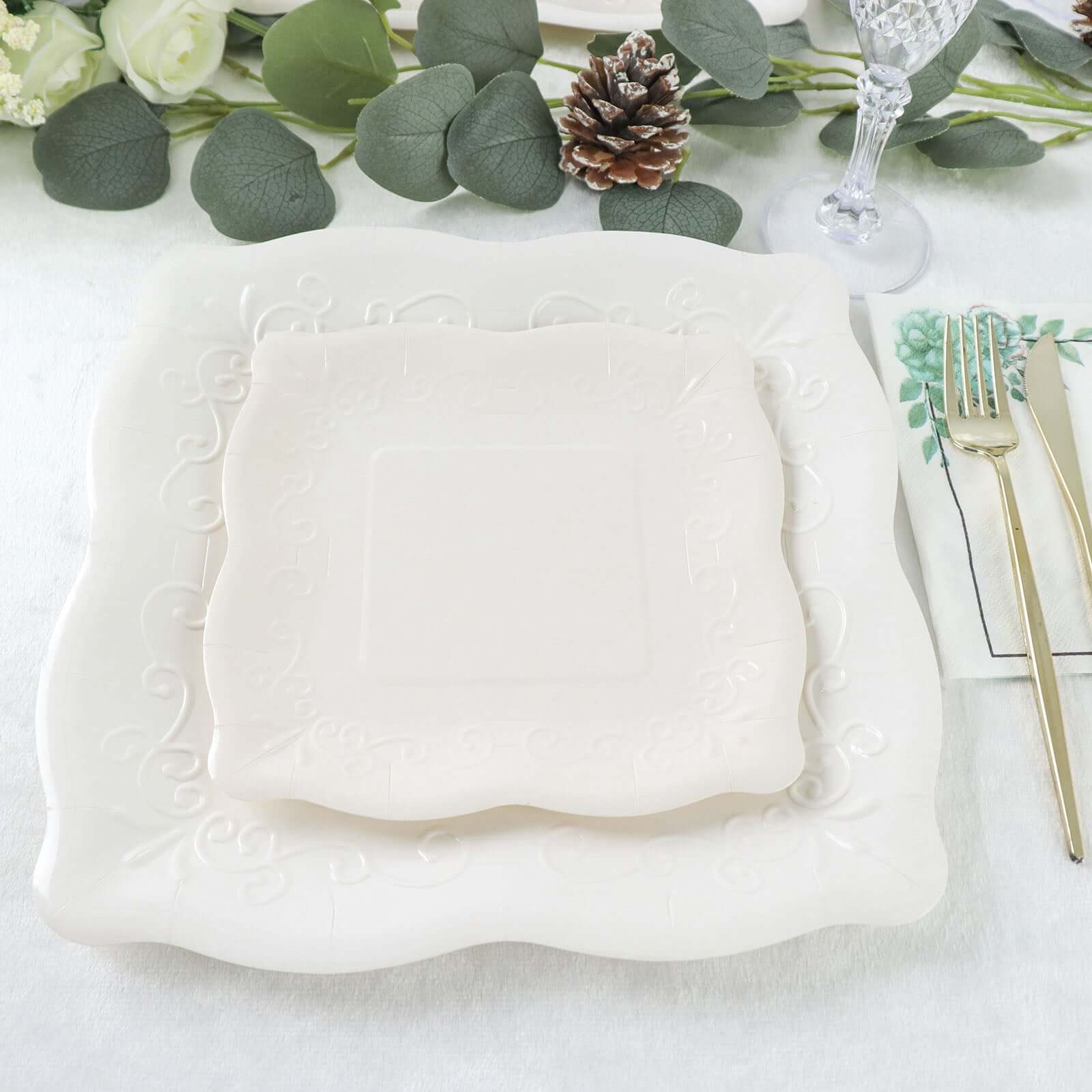 25-Pack Paper 7 Square Dessert Plates in White with Vintage Pottery Embossed Design - Shiny Disposable Appetizer Plates