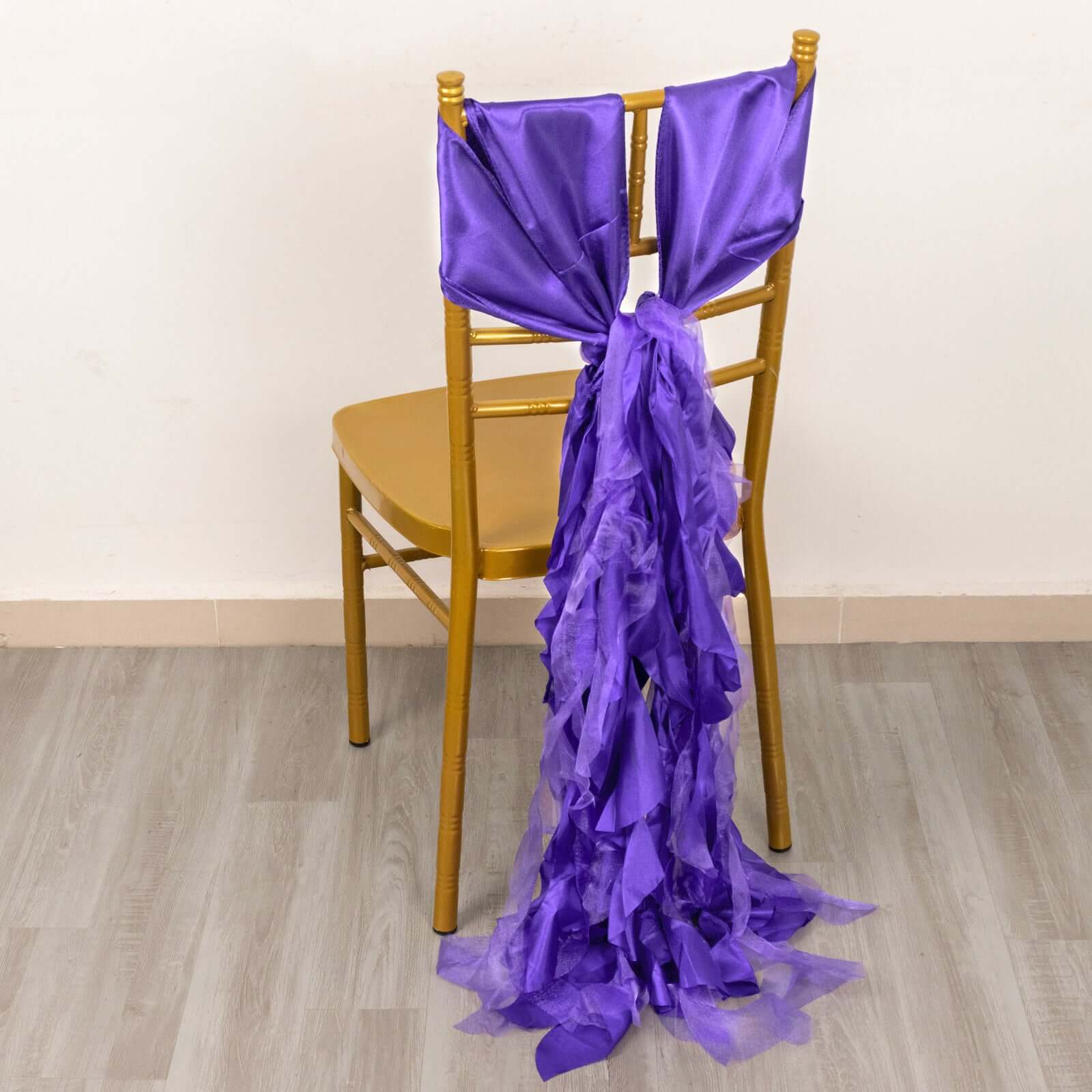 5 Pack Chiffon Satin Chair Sashes Purple - Easy to Install Ruffled Curly Willow