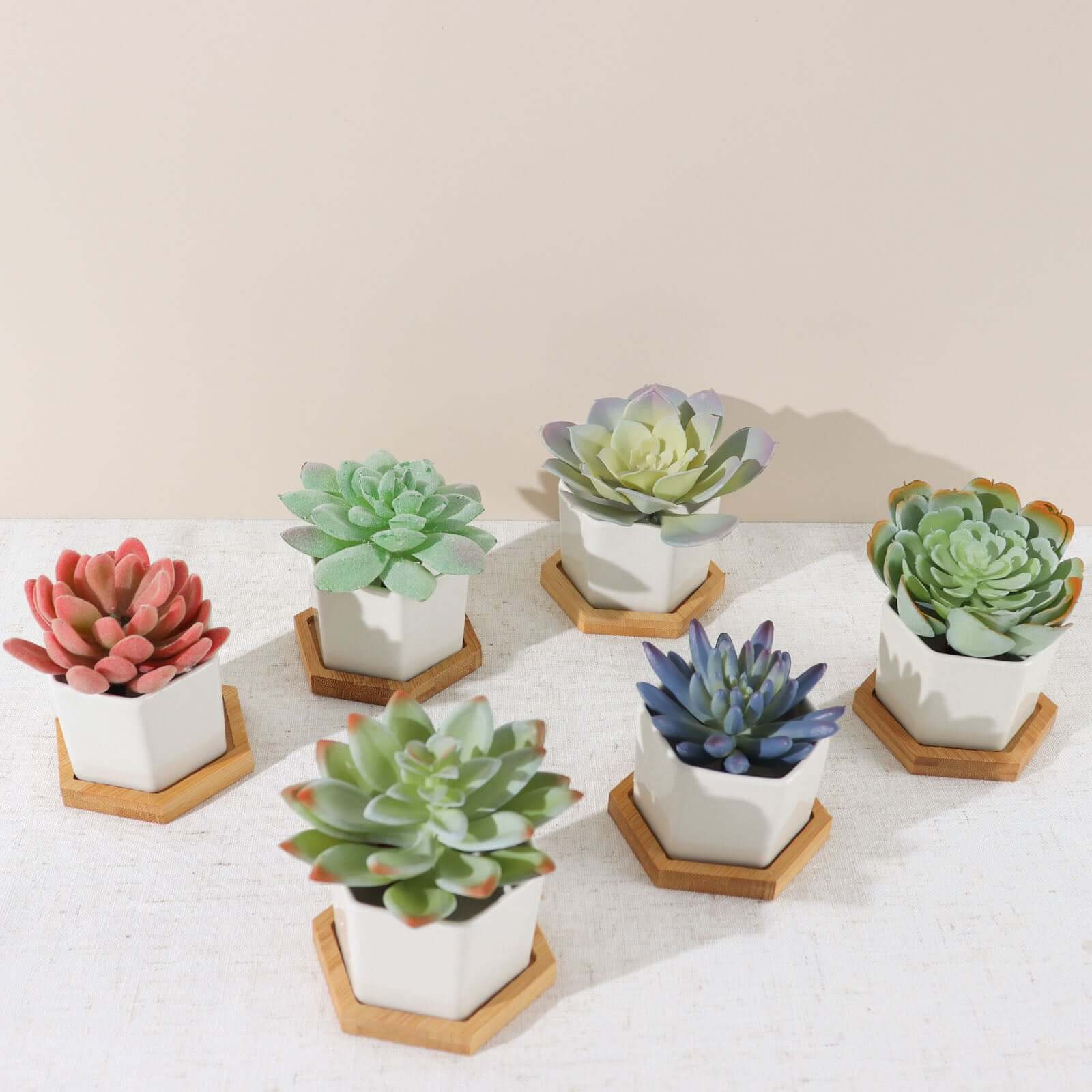 6-Pack Planter Pots Geometric Hexagon Design White - Ceramic Pots with Bamboo Tray and Removable Bottom 3