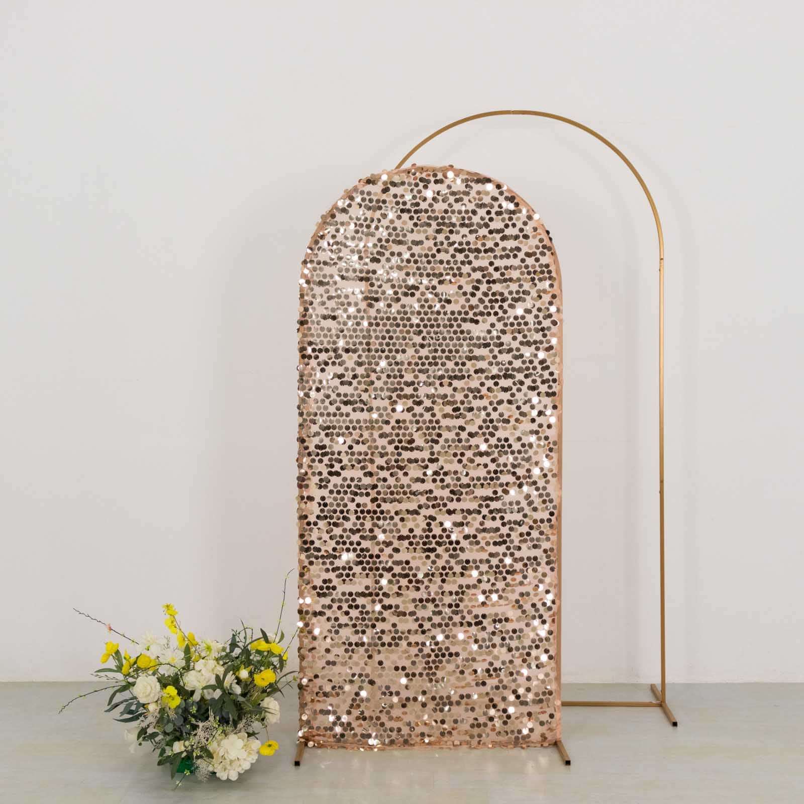 6ft Sparkly Rose Gold Big Payette Sequin Fitted Wedding Arch Cover for Round Top Chiara Backdrop Stand