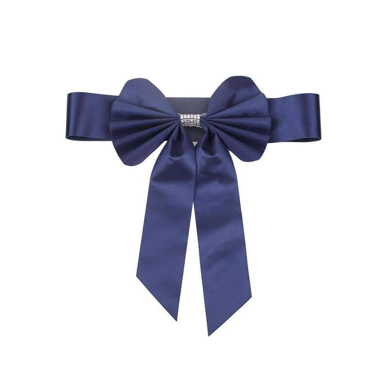 5 Pack Satin Faux Leather Chair Sashes Navy Blue - Durable Double Sided Pre-tied Bow Tie Chair Bands with Diamond Rhinestone Buckles