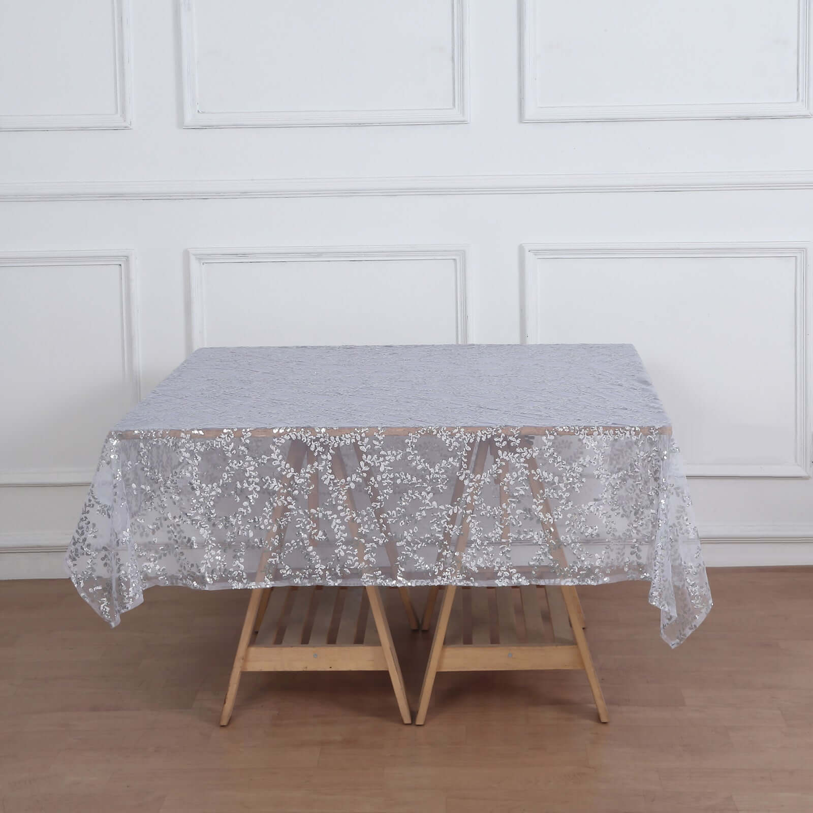 Tulle 72x72 Table Overlay Square Tablecloth Silver - Sequin Leaf Embroidered Table Topper