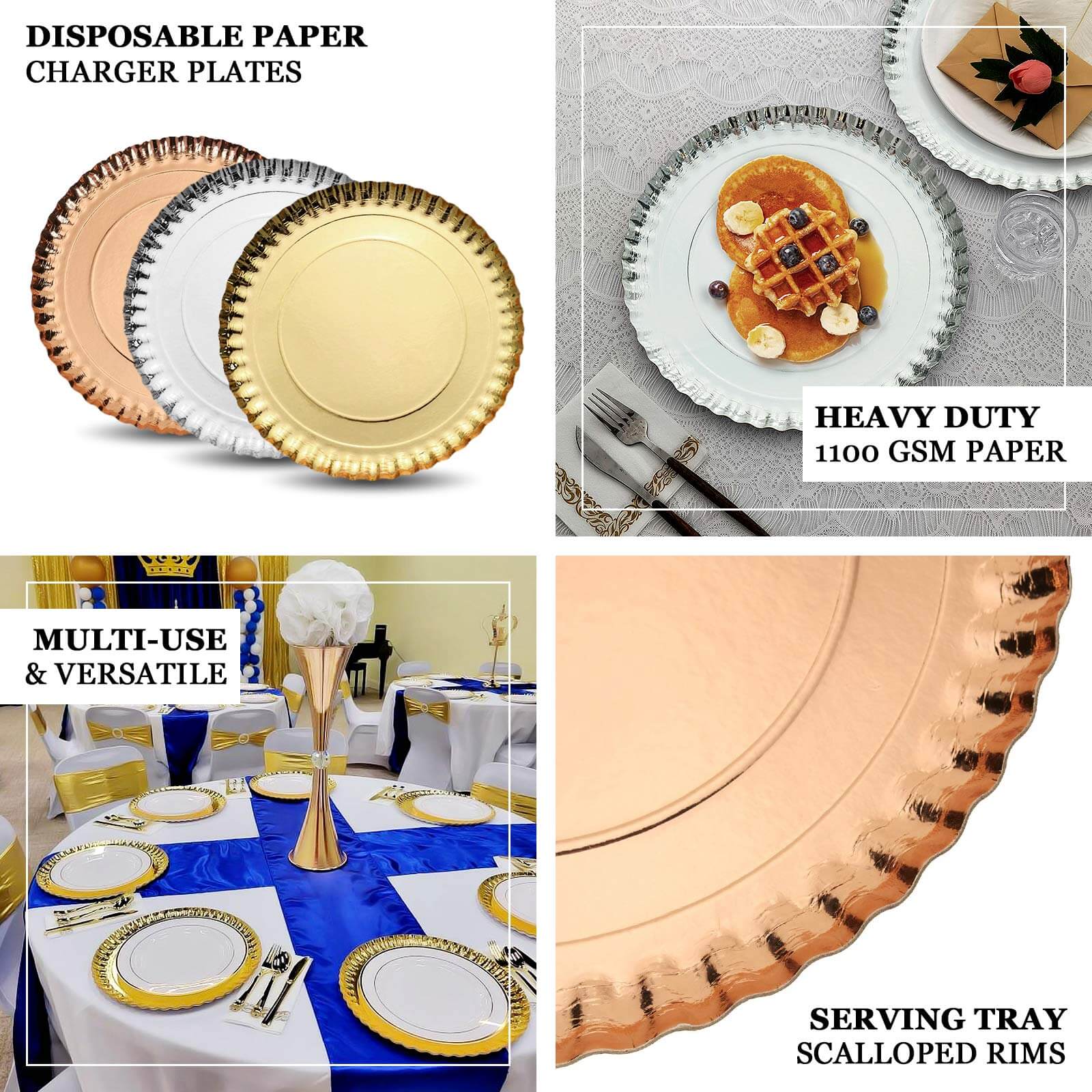 10-Pack Paper 13 Round Charger Plates in Rose Gold with Scalloped Rims - Heavy Duty Disposable 1100GSM Serving Trays