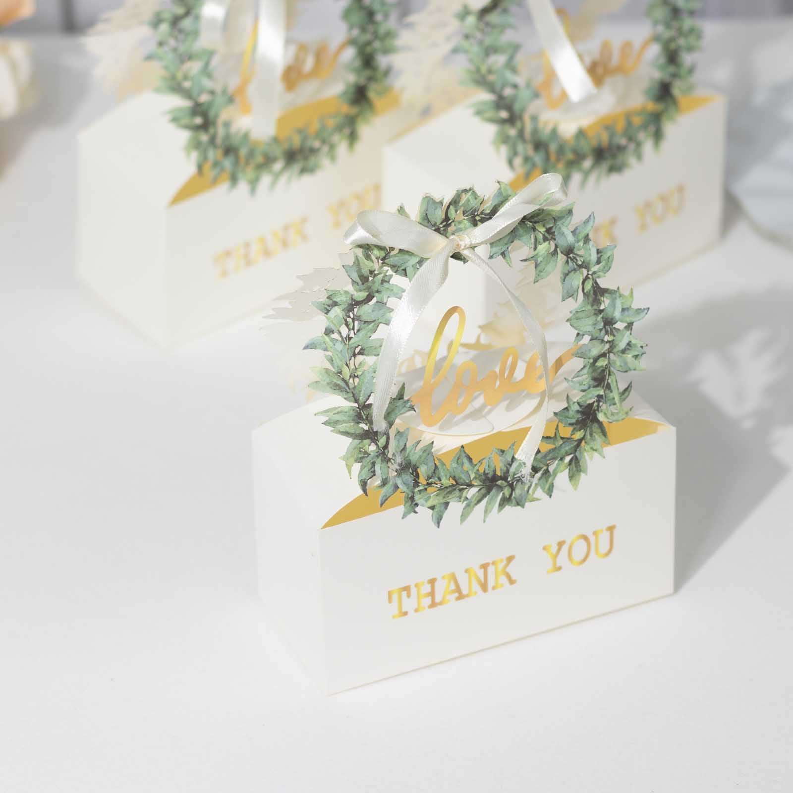 25 Pack White Thank You Candy Treat Boxes with Ribbon, Love Wreath Party Favor Gift Boxes - 6x3x7