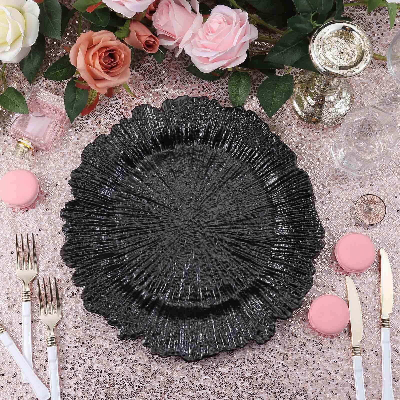 6-Pack Acrylic Plastic Round Charger Plates 13 in Black with Reef Design, Dinner Charger Tableware