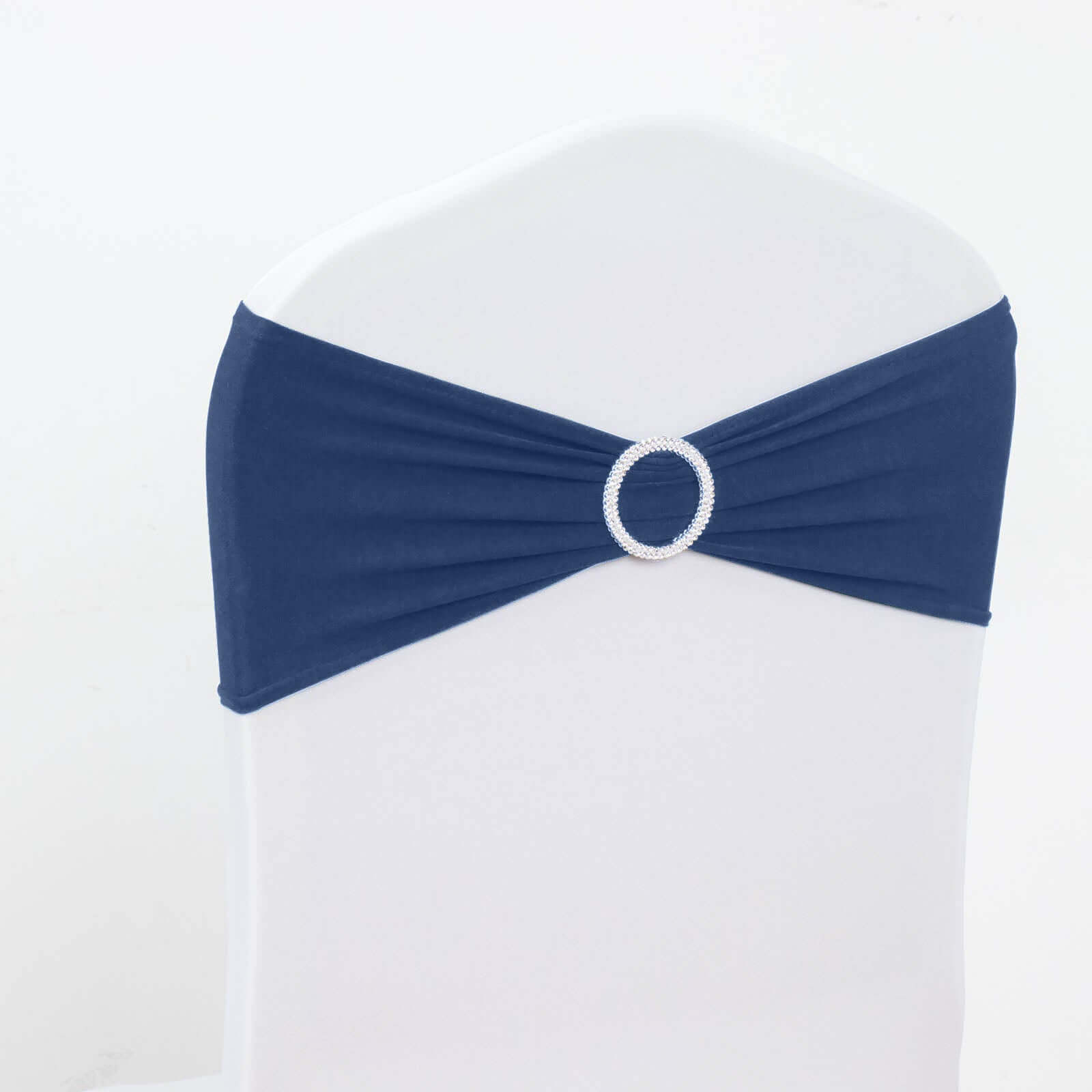 5 Pack Stretch Spandex Chair Sashes Navy Blue - Reusable Chair Bands with Silver Diamond Ring Slide Buckle 5x14