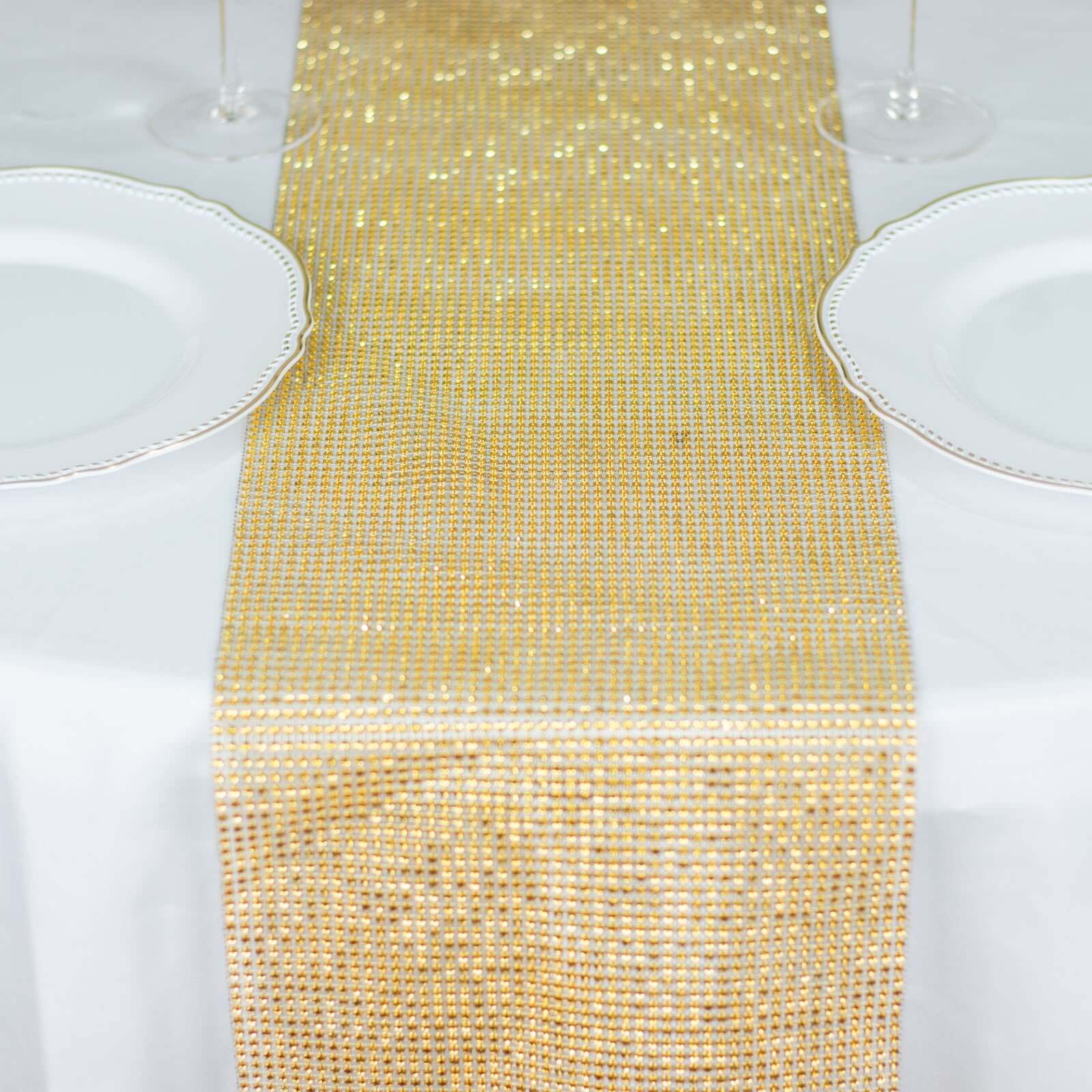 Crystal Rhinestone 10x108 Table Runner Gold - Luxe Shiny Diamond Mesh Bling Table Runner Roll