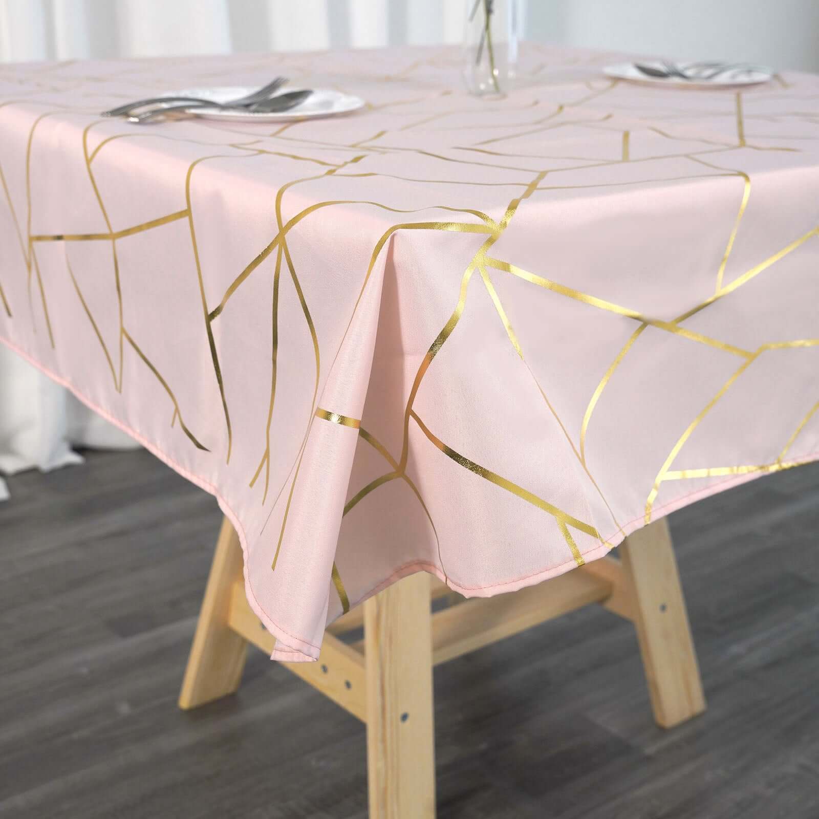 Polyester 54x54 Square Tablecloth Blush with Gold Foil Geometric Pattern - Wrinkle-Resistant & Durable Table Cover