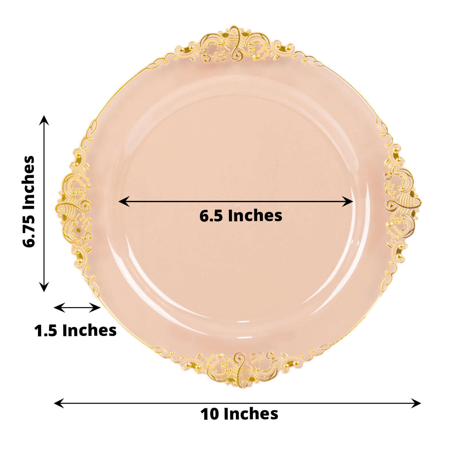 10-Pack Plastic 10 Round Dinner Plates in Transparent Blush with Gold Leaf Embossed Rim - Disposable Vintage Baroque Style Plates