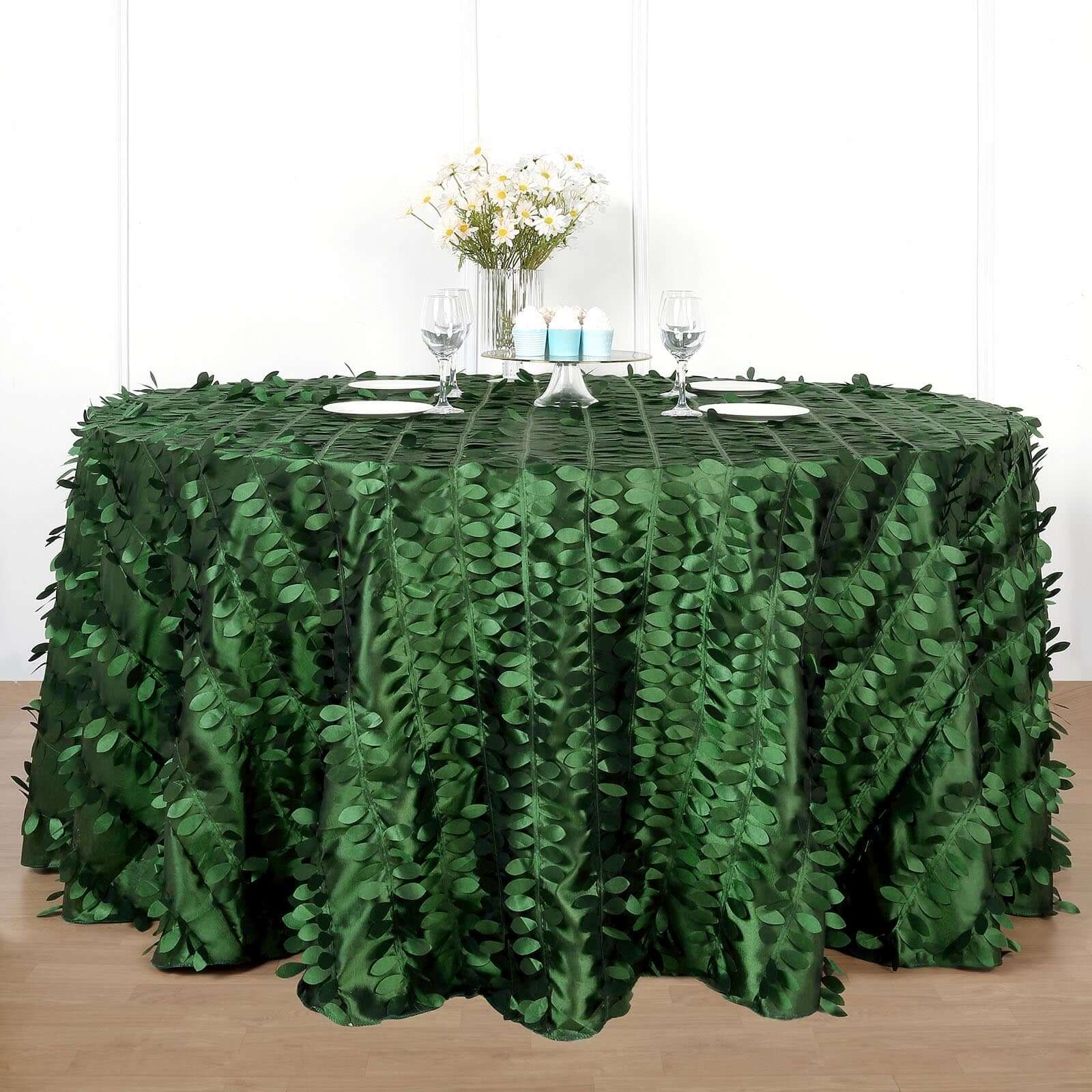 Taffeta 120 Round Tablecloth Green Leaf | 3D Leaf Petal Design Seamless Table Cover
