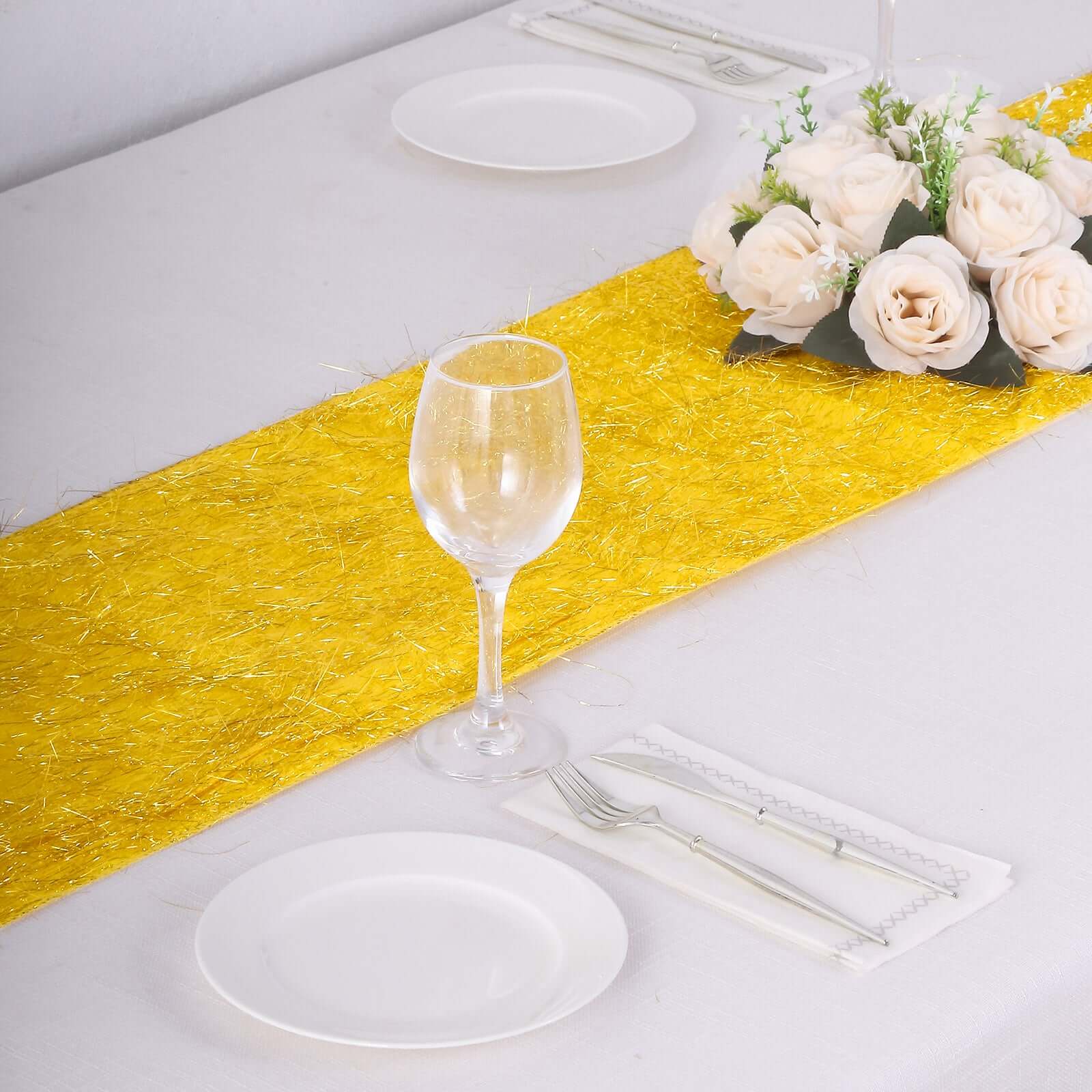 Metallic Tinsel Polyester 12x108 Table Runner Gold - Shimmery Fringe Shag Event Table Decor