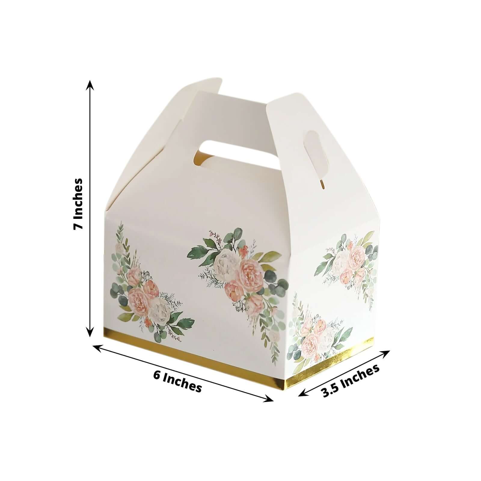 25 Pack White Pink Peony Flowers Print Candy Gift Tote Gable Boxes with Gold Edge, Party Favor Treat Boxes - 6x3.5x7