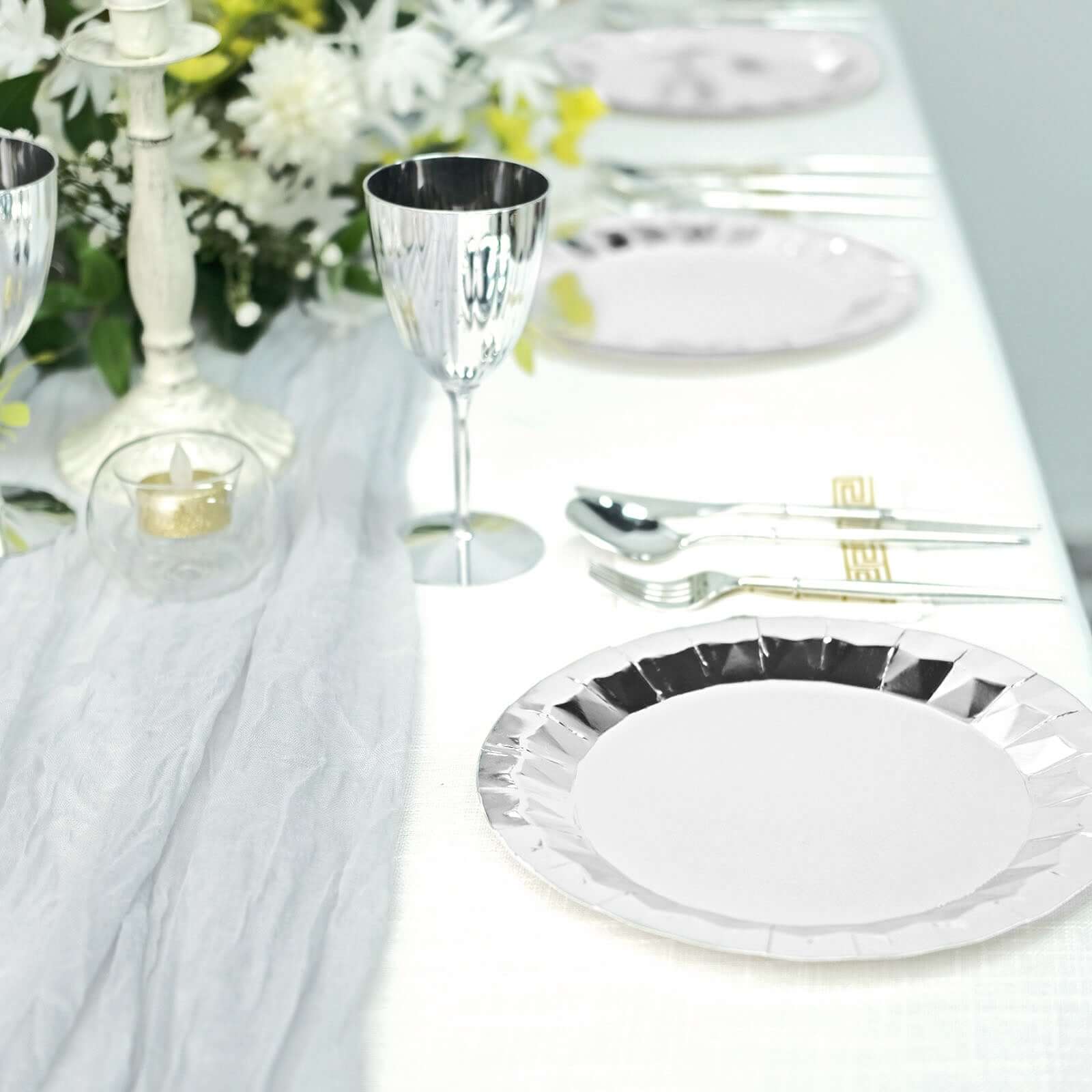 25-Pack Paper 9 Round Dinner Plates in Metallic Silver with Geometric Prism Rim - Disposable 400GSM Party Plates