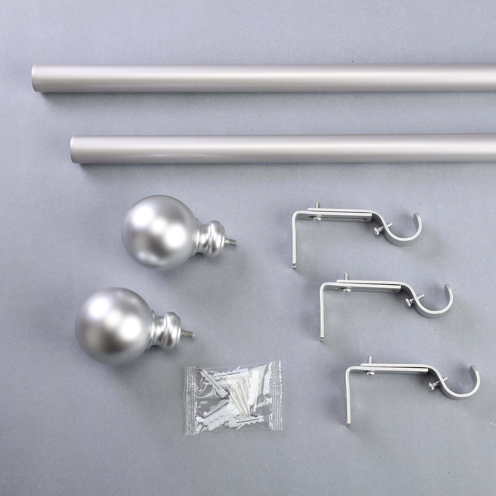 42-126 Adjustable Curtain Rod Set, Silver, Round Finials