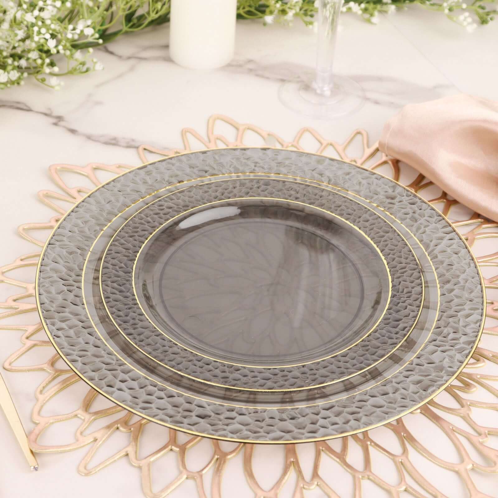 10-Pack Plastic 7.5 Round Appetizer Plates in Opaque Black Hammered Design with Gold Rim - Disposable Salad Plates for Chic Banquets & Special Occasions